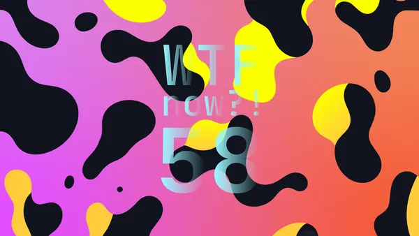 A colourful graphic with numerous black and yellow blobs on a gradient background in purples and oranges.