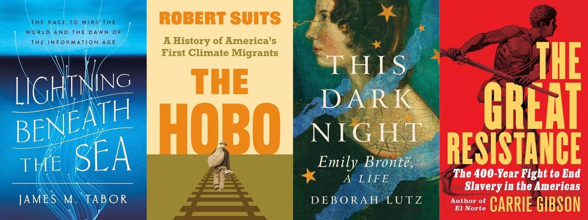 Book cover images of Lightning Beneath the Sea, The Hobo, This Dark Night, and The Great Resistance