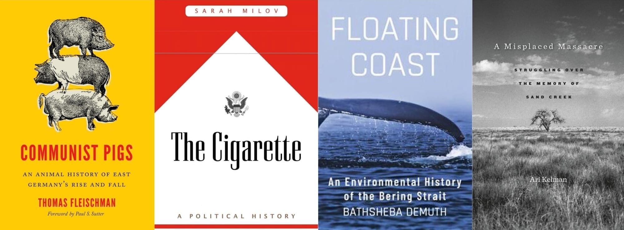 Book cover images of Communist Pigs, The Cigarette, Floating Coast, and A Misplaced Massacre.