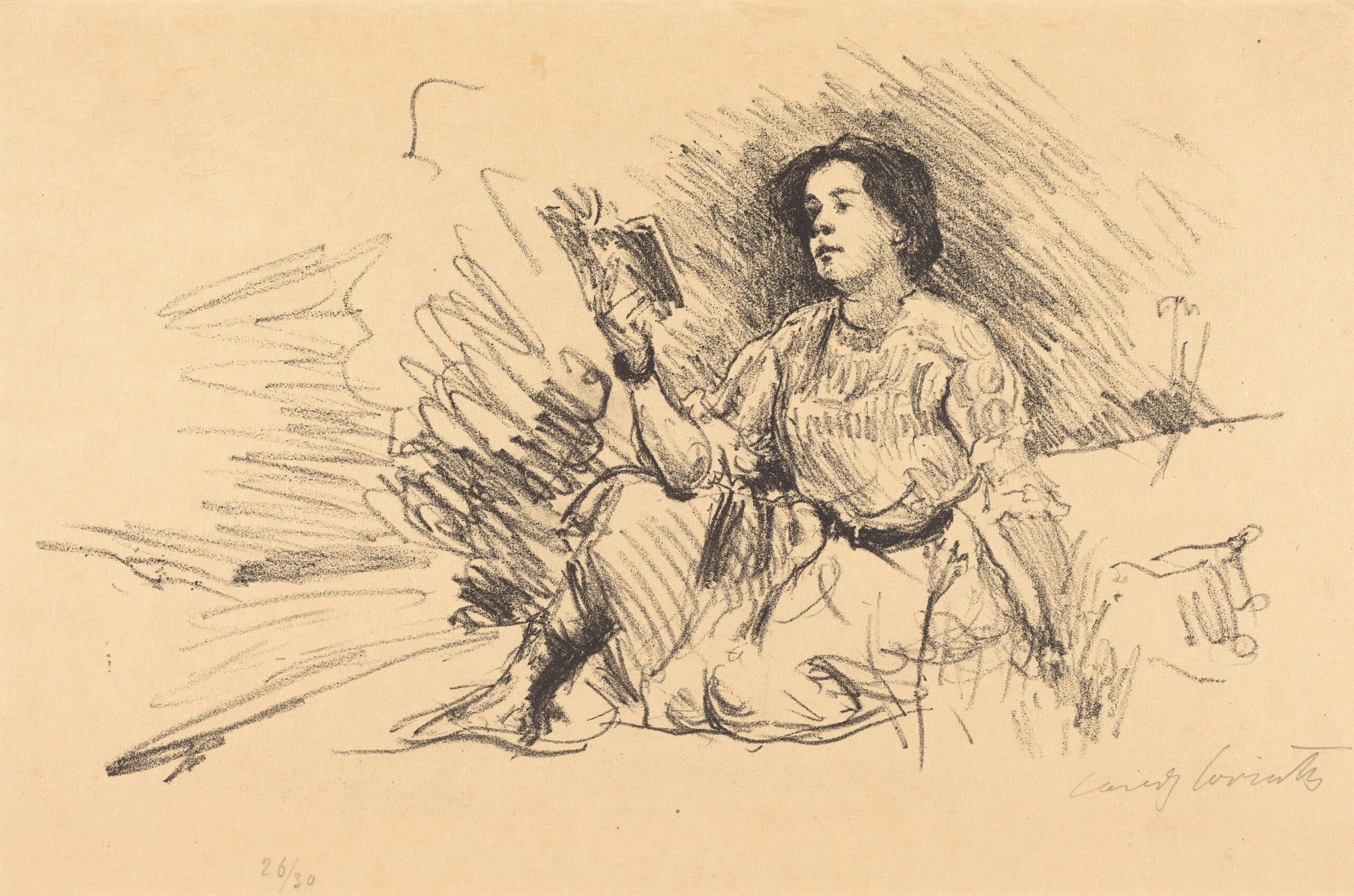 Sketched image on cream paper of a woman reclining and reading a book.