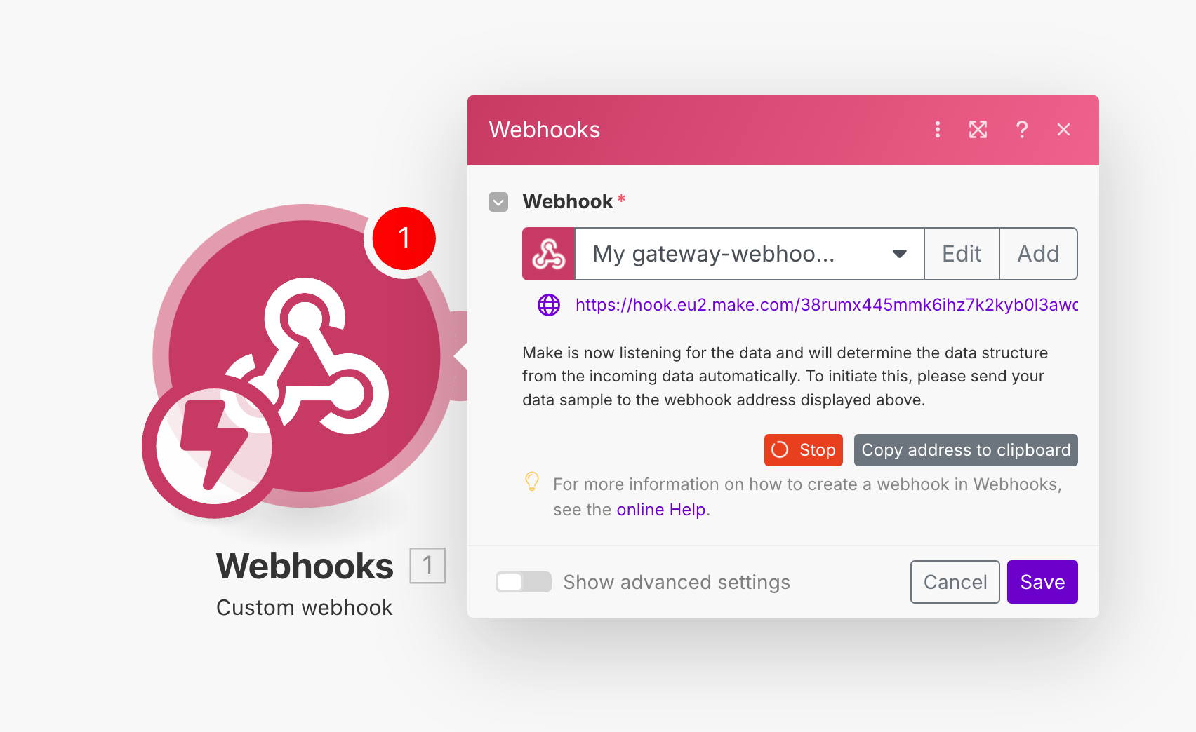 Copy webhook url make.com