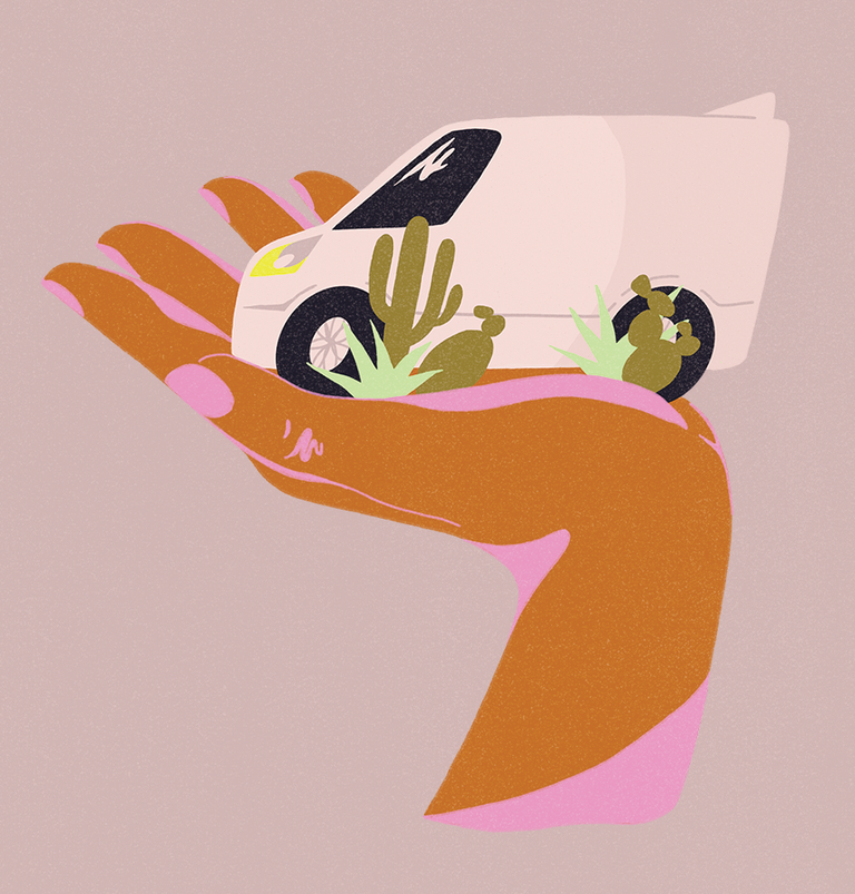 Illustration of a brown hand with pink fingernails holding a small pink van.
