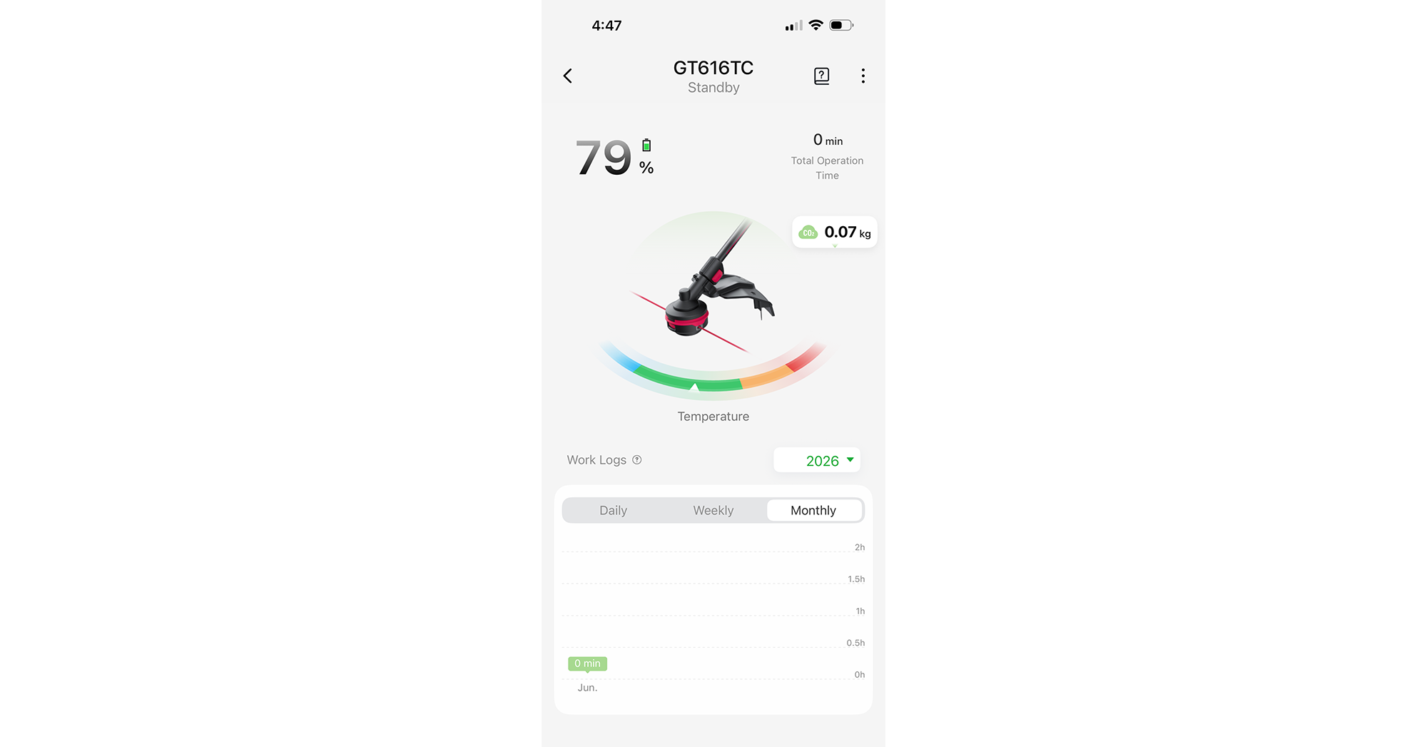 MOVAHome app screen showing the GT616TC trimmer connection and settings