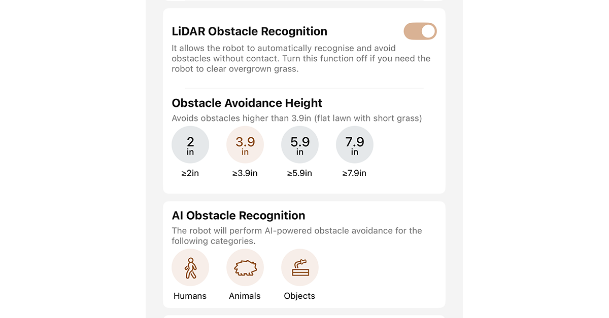 MOVAHome app AI obstacle detection settings for the 3000 AWD