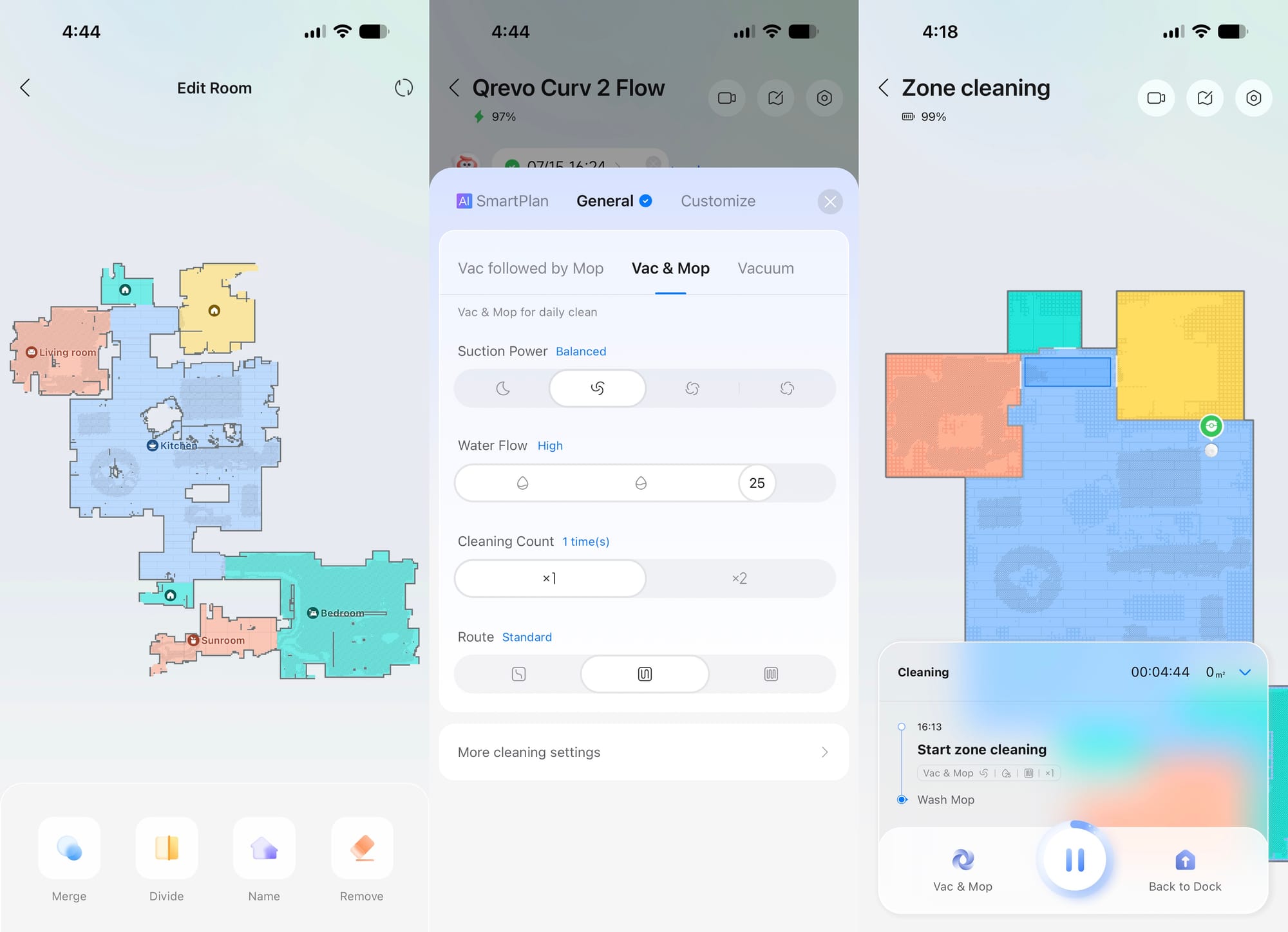 Screenshots of the Roborock app showing mapping and room configuration for the Curv 2 Flow.