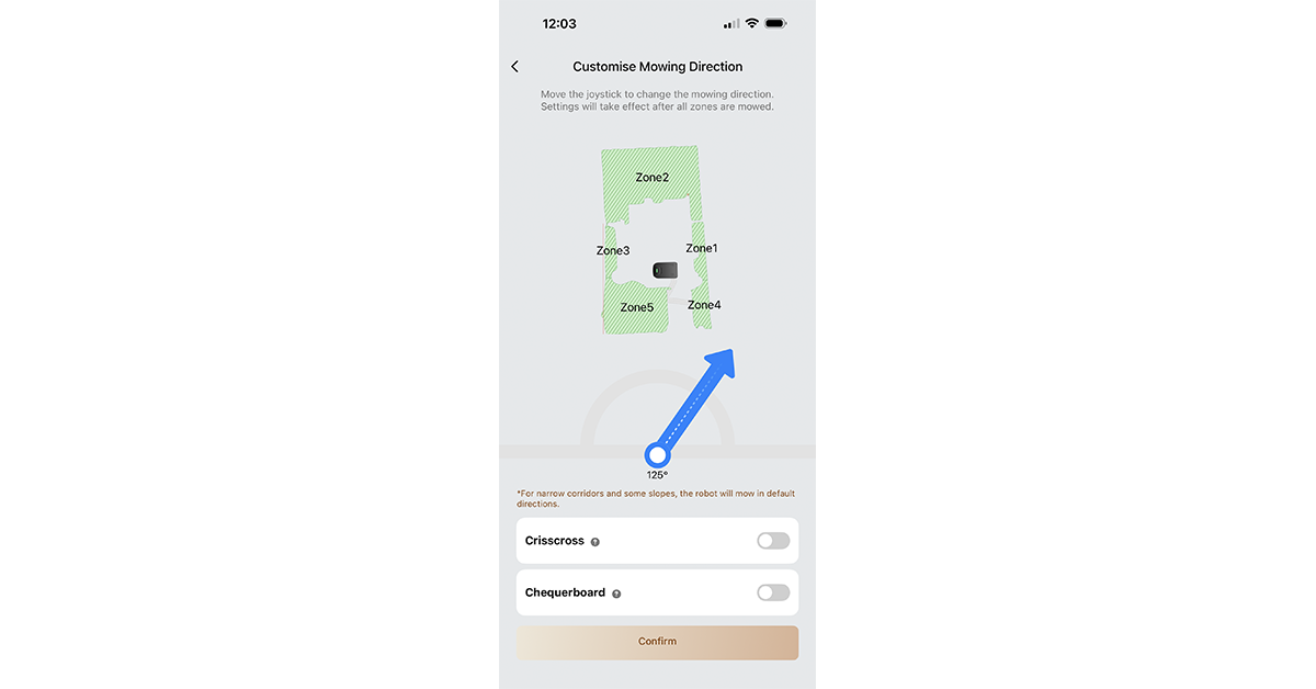 MOVAHome app mowing direction settings including checkerboard and crisscross patterns
