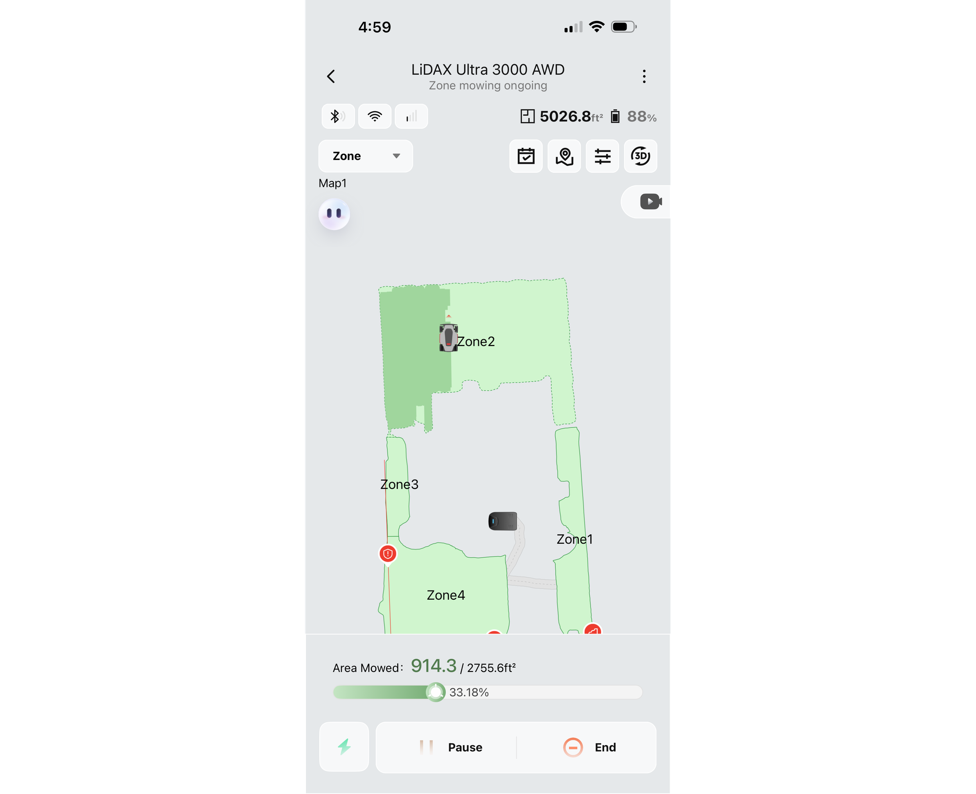 MOVAHome app screen showing lawn mapping and pathway configuration