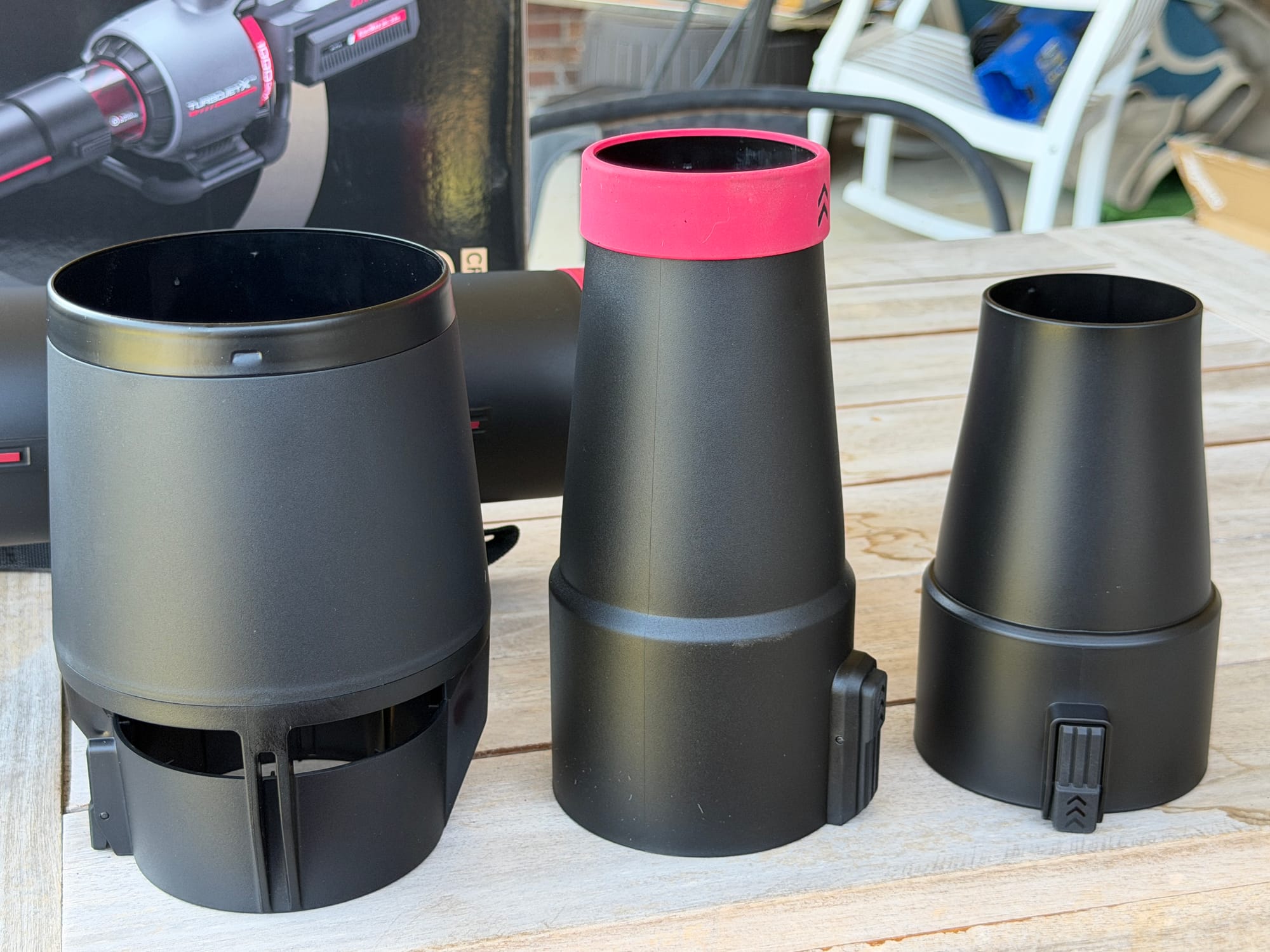 Three interchangeable nozzles for the MOVA TurboJetX blower: tapered, siphon, and car-clean tips