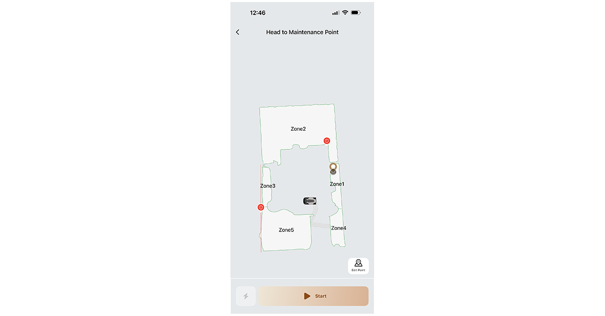 MOVAHome app screen showing the maintenance point feature for the 3000 AWD