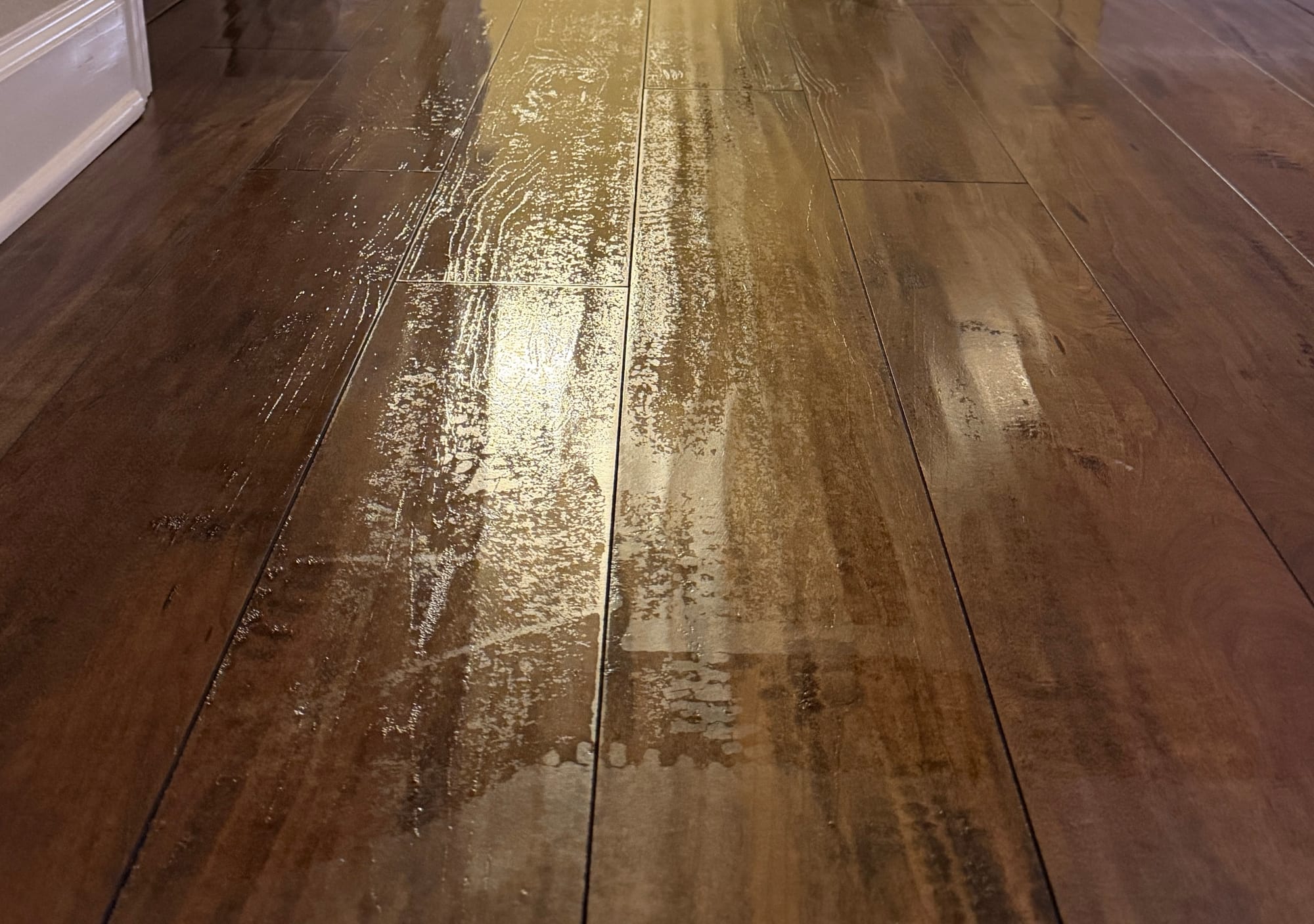 Streaking left behind on dark-colored flooring after a Curv 2 Flow mopping cycle.