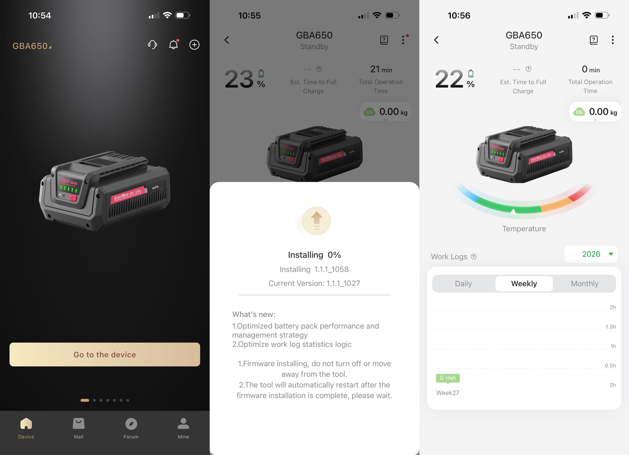 MOVAHome app battery screen showing temperature, energy meter, and usage log for the TurboJetX