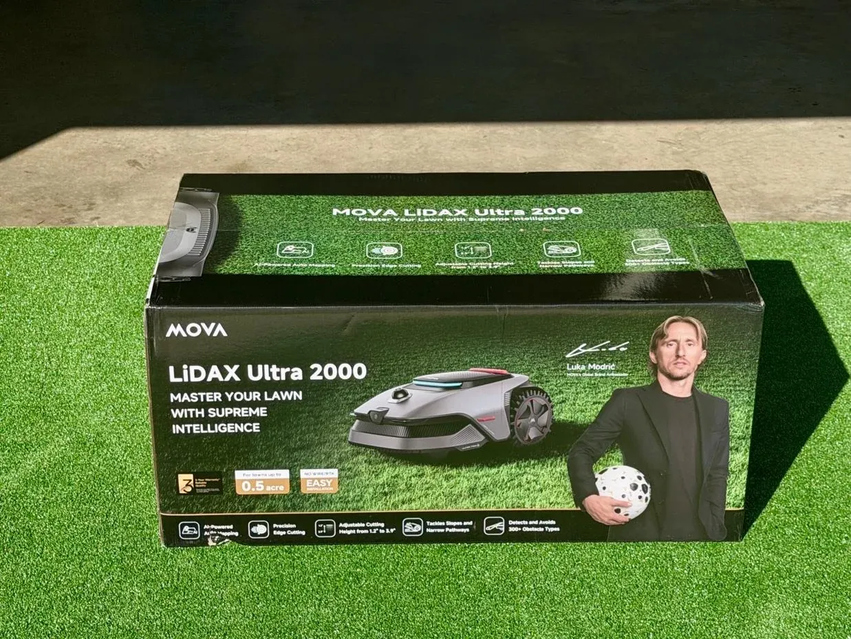 MOVA LiDAX Ultra 2000 robotic mower retail box featuring Luka Modrić