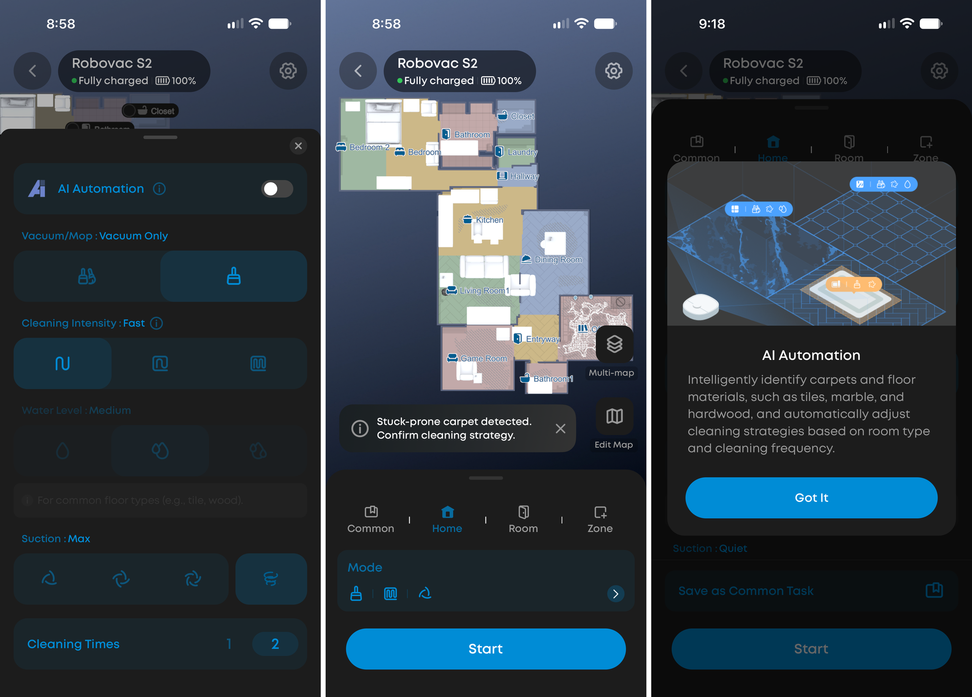 Eufy Omni S2 app showing custom modes, a stuck carpet warning and flooring identification.