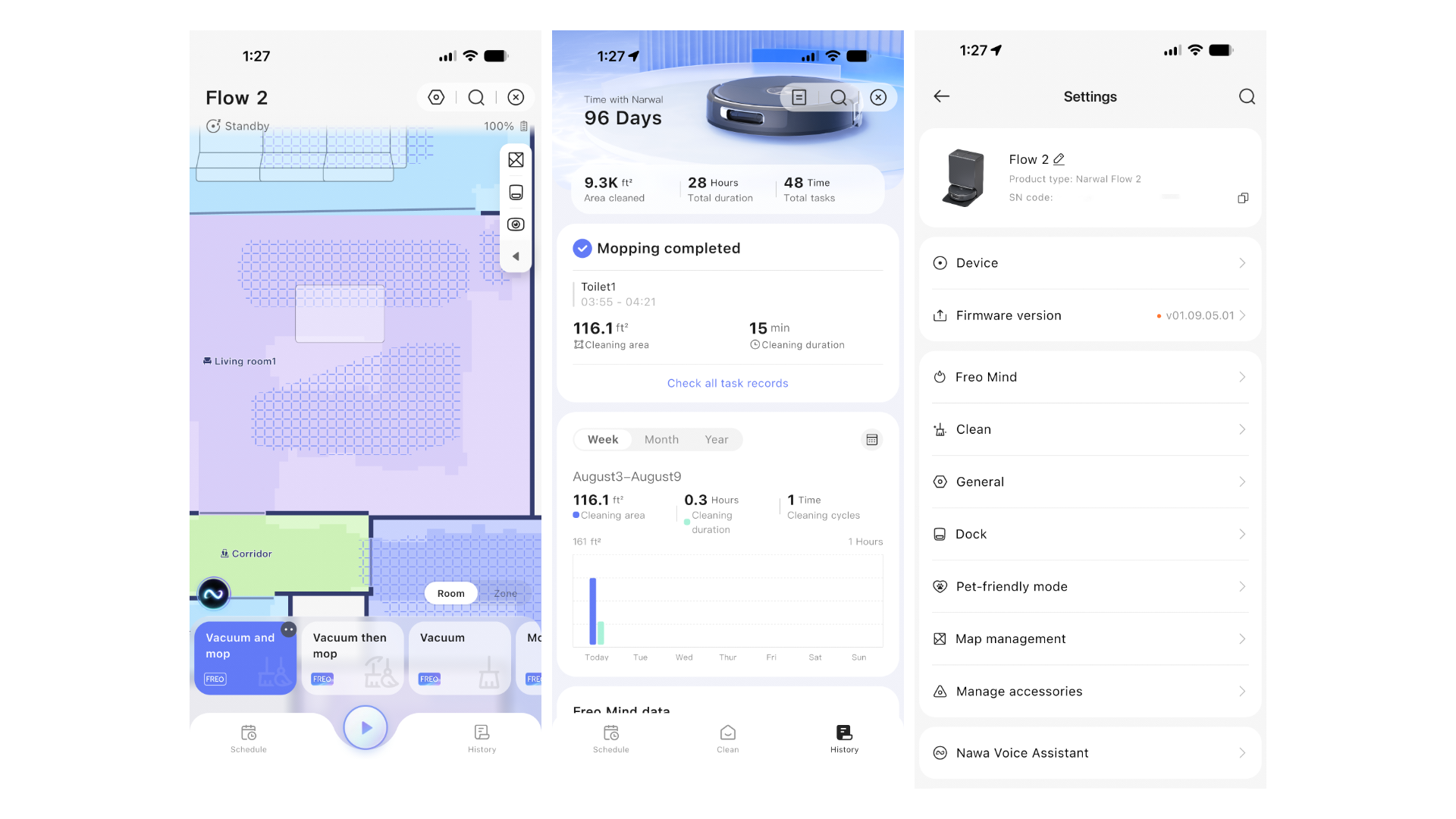 Narwal app includes detailed map diagrams, cleaning history, but has minimal settings.