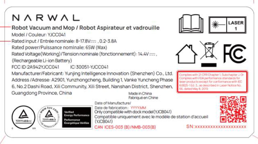 Regulatory label for Narwal robot vacuum and mop model YJCC041, covered by FCC ID 2A942YJCC041.