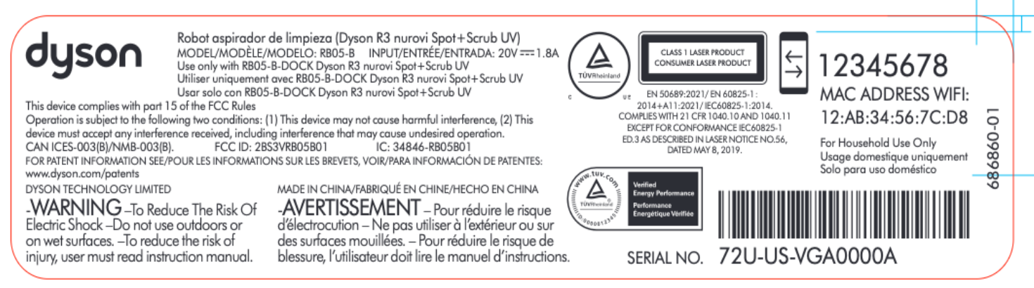 FCC product label for the Dyson R3 nurovi Spot+Scrub UV, model RB05B01.