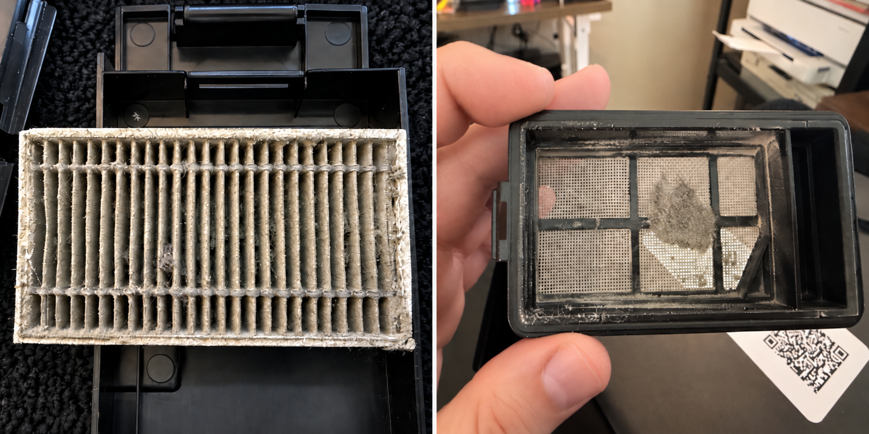 Side-by-side close-up of a heavily clogged Ecovacs Deebot T90 Pro Omni filter and debris collected behind the filter screen.