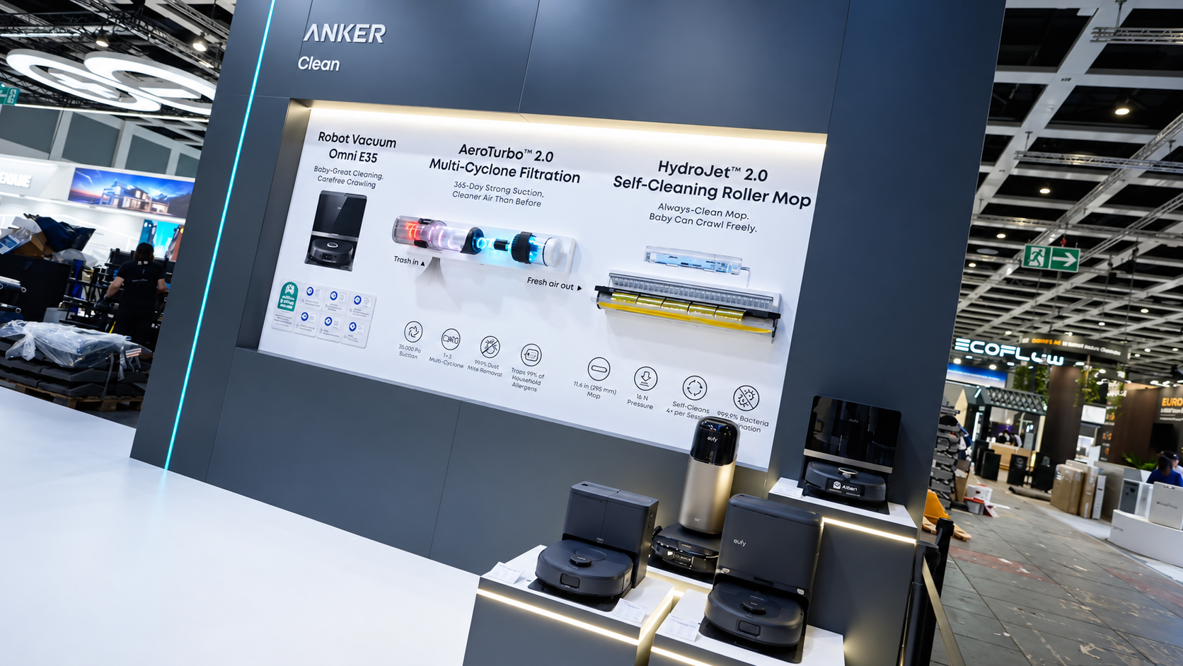 Eufy Omni E35 robot vacuum displayed at Anker’s IFA 2026 booth with AeroTurbo 2.0 and HydroJet 2.0 technology.
