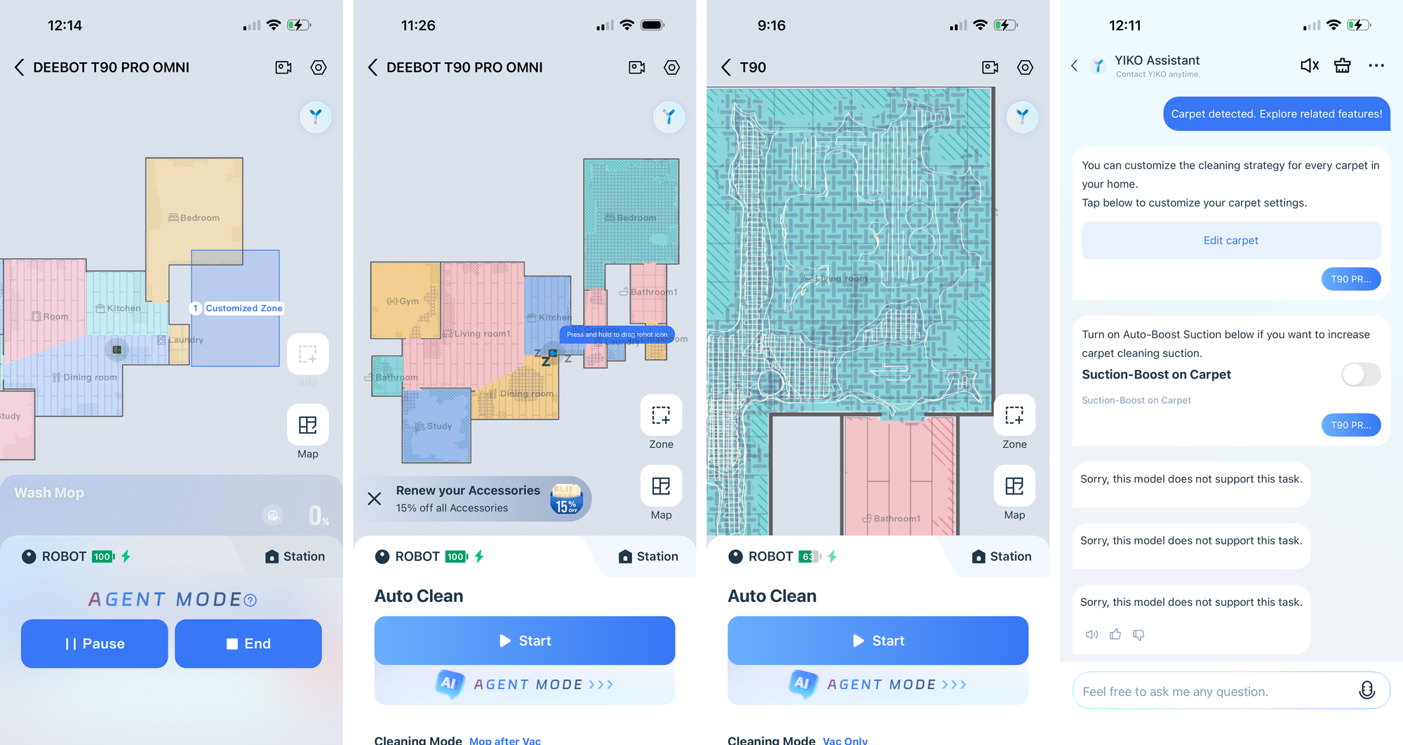 Ecovacs Home app screens for the Deebot T90 Pro Omni showing room maps, customized zone cleaning, carpet mapping and YIKO Assistant.