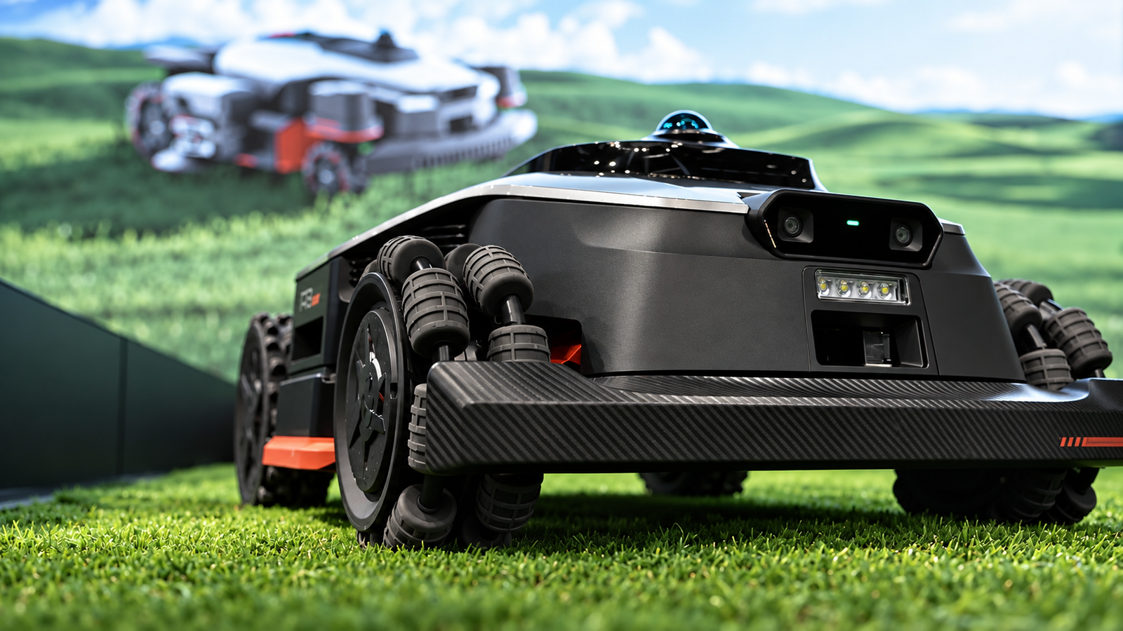 Dreame robot mower displayed on grass at IFA 2026 with multiple wheels, front cameras and obstacle-detection hardware.