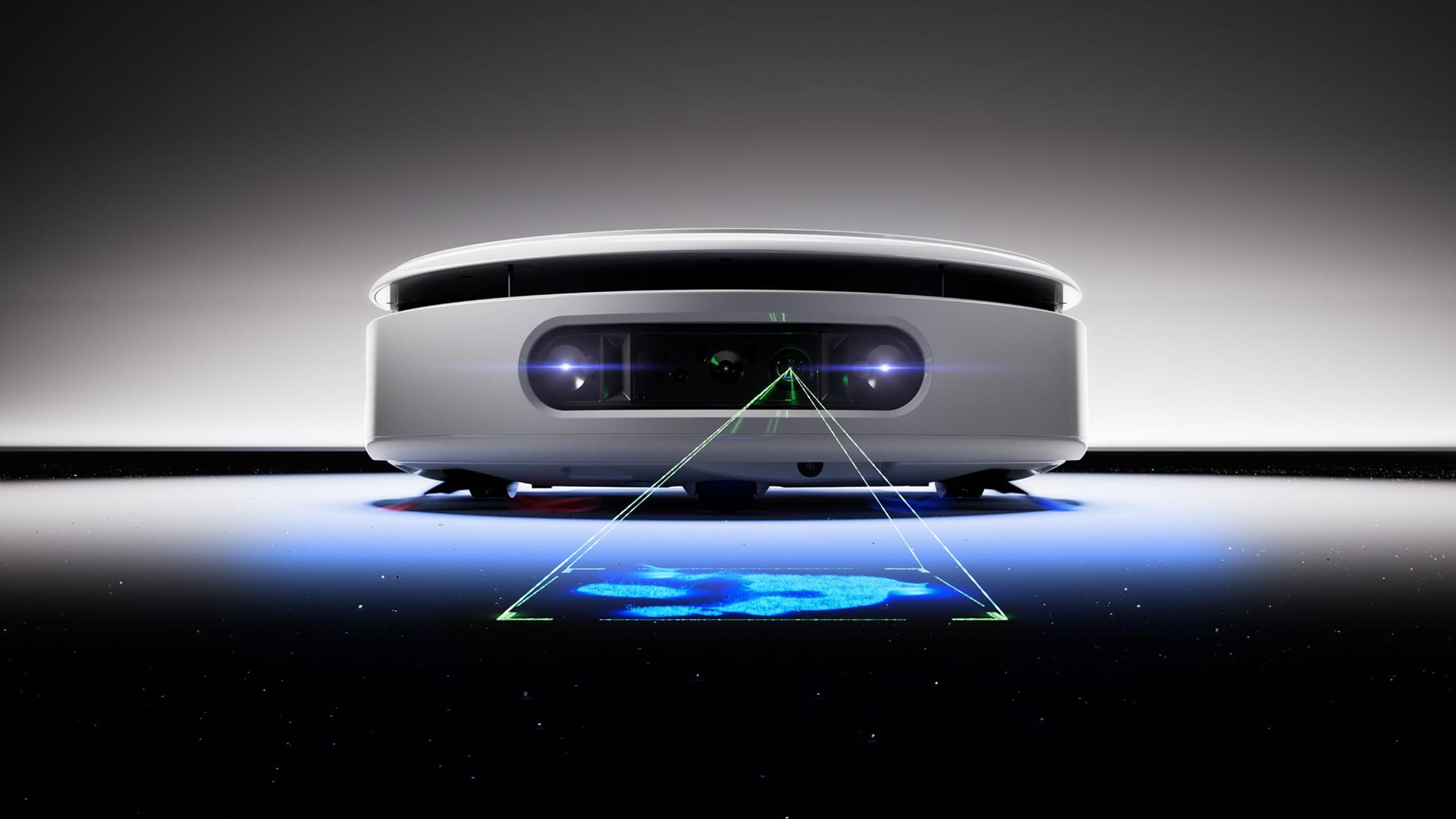Dyson R3 Nurovi Spot+Scrub UV detecting a stain with its front sensors and UV illumination.