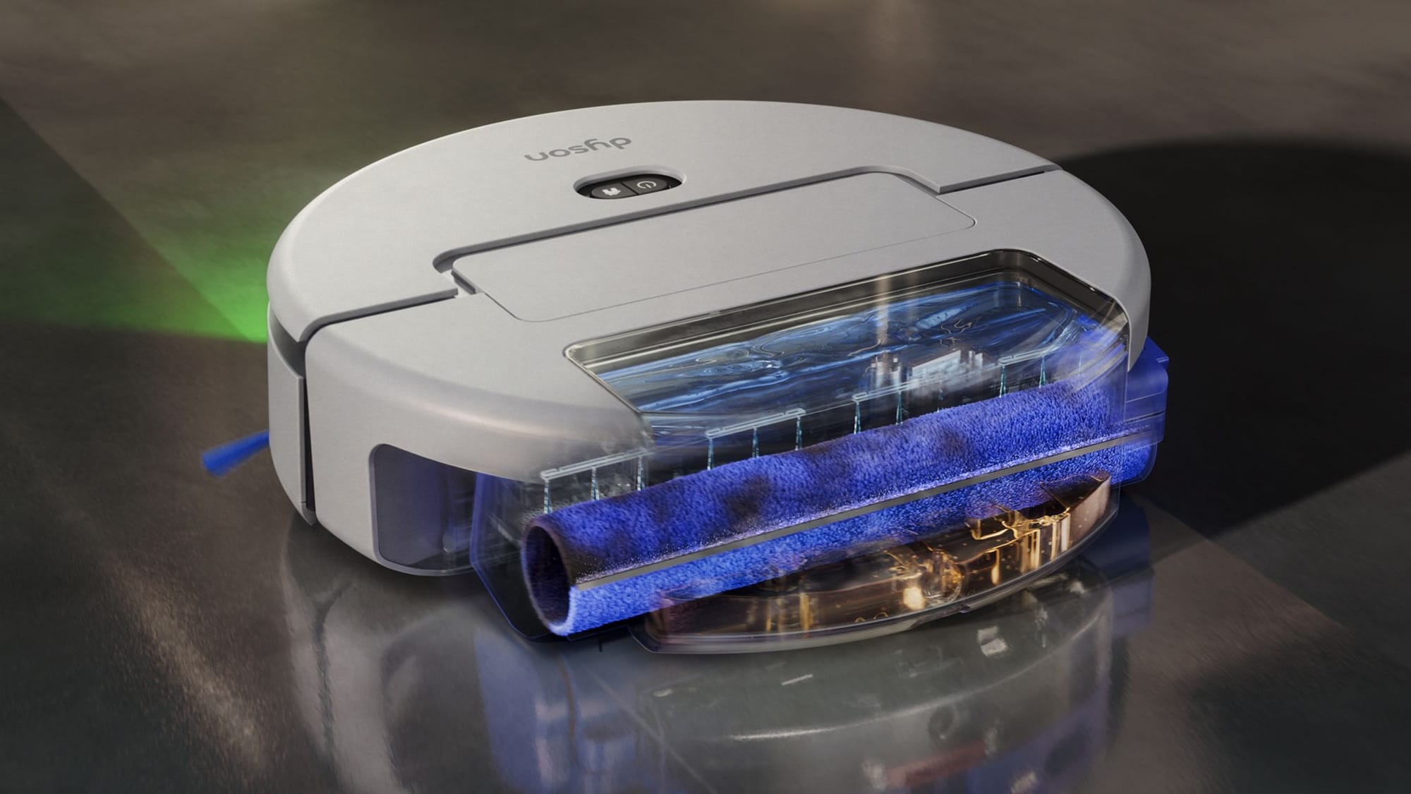 Dyson R3 Nurovi Spot+Scrub UV robot vacuum showing its front-mounted blue roller mop and transparent cleaning system.