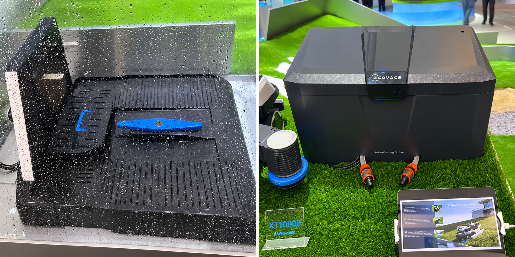 Ecovacs robot mower auto-washing station displayed at IFA 2026 next to lawn-care hardware and a product information screen.