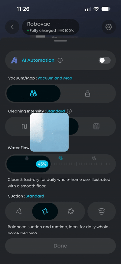 Anker eufy app showing the Omni S2 water-flow slider set to 43% in the robot vacuum cleaning controls.