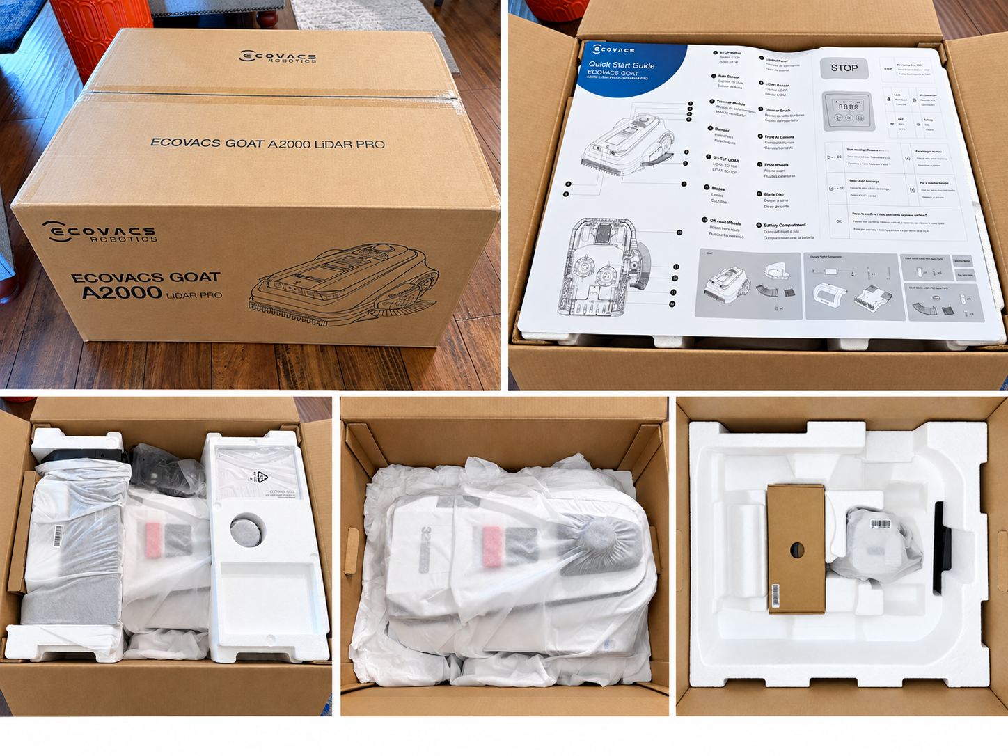 Collage showing the Ecovacs GOAT A2000 LiDAR Pro box, quick-start guide, mower, charging station and accessories during unboxing.