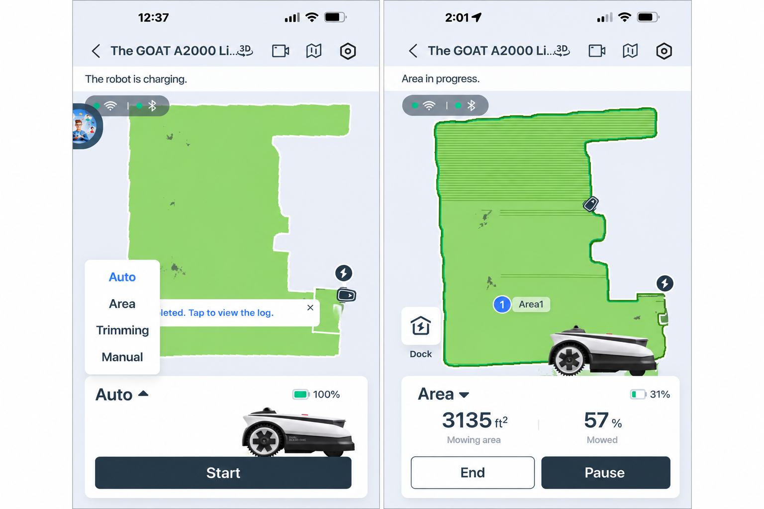 Side-by-side Ecovacs app screenshots showing GOAT A2000 mowing modes, lawn map, mowing progress and battery level.