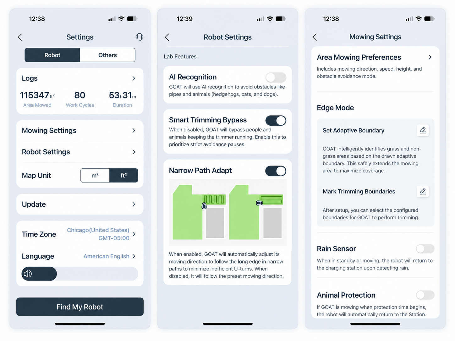 Ecovacs app settings screen for the GOAT A2000 LiDAR Pro showing mowing, map, scheduling and mower configuration options.