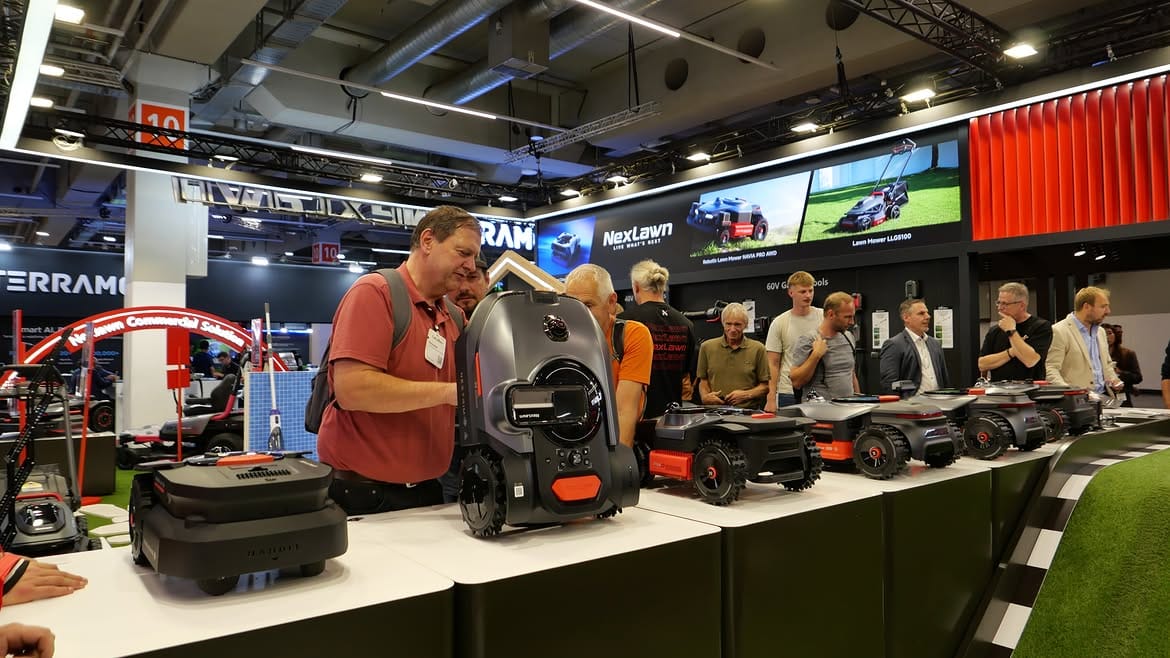 NexLawn robotic lawn mowers displayed at the company’s GaLaBau 2026 booth in Nuremberg, Germany.