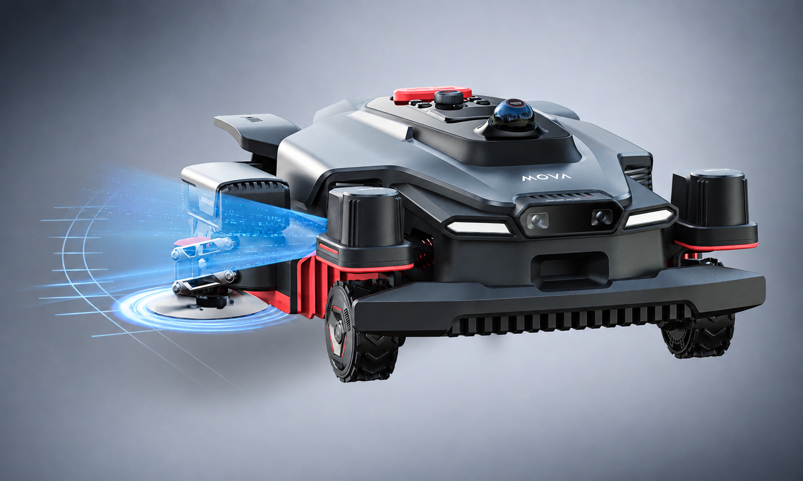 MOVA robot mower concept with cameras, lidar and an extending side-mounted cutting system.