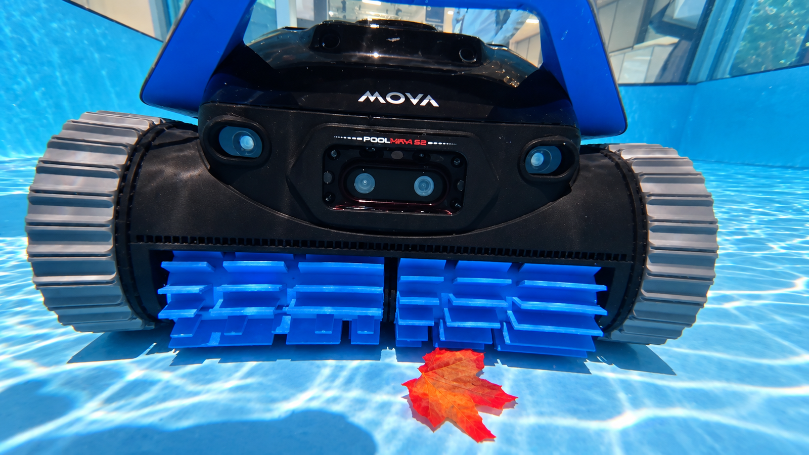 Close-up of the MOVA Diver A20 robotic pool cleaner in a demonstration pool at IFA 2026.