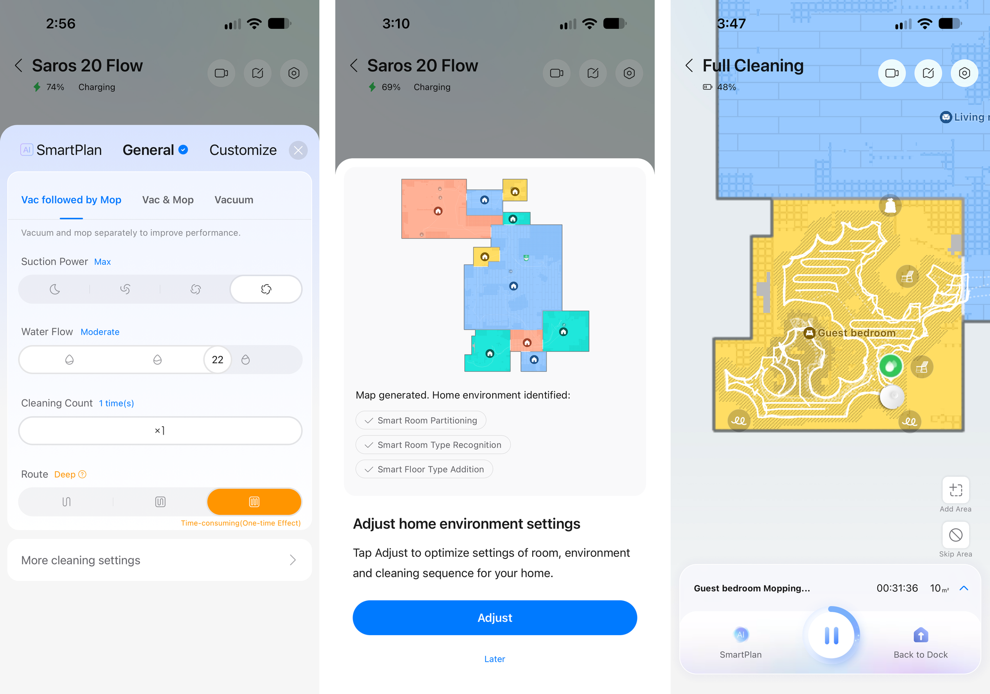Three side-by-side screenshots of the Roborock app showing the Saros 20 Flow's suction, water flow and cleaning route settings, an automatically generated home map and a real-time mopping route in a guest bedroom.