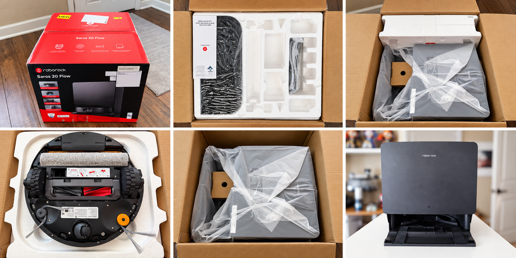 Six-photo collage showing the Roborock Saros 20 Flow retail box, protective packaging, robot vacuum underside and multifunction docking station.