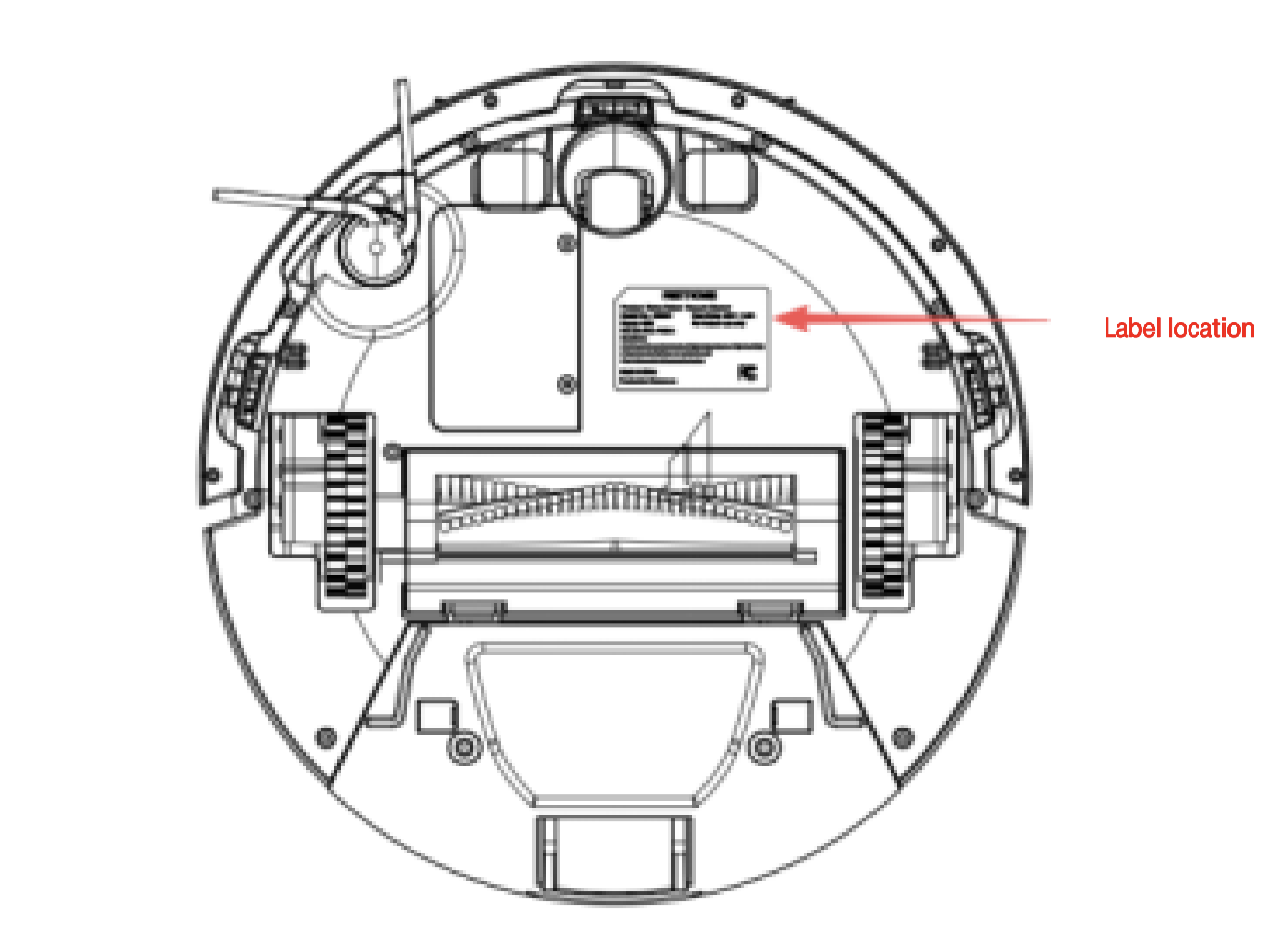Line diagram of the underside of a round robot vacuum showing one side brush, a central roller and two drive wheels.
