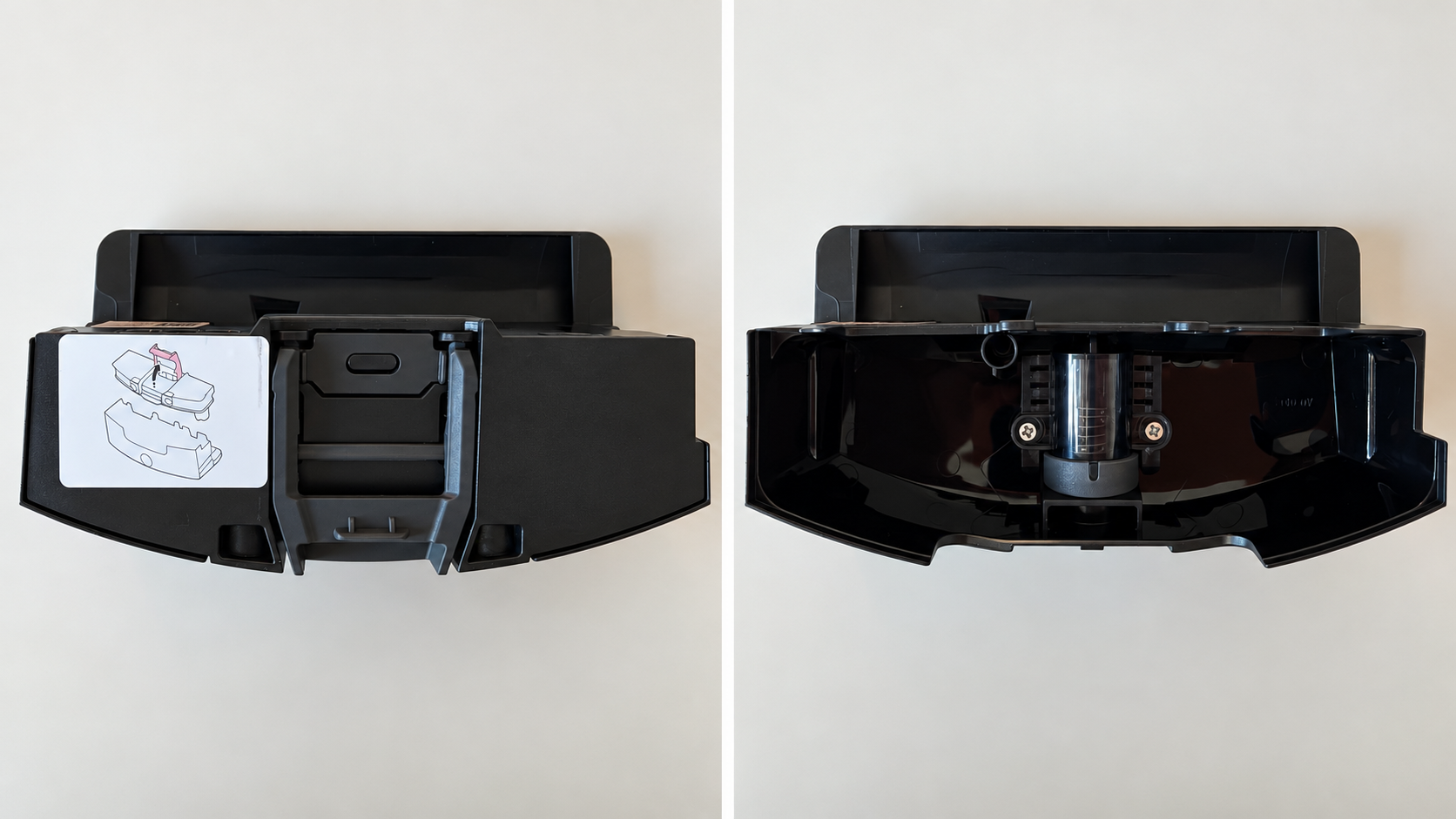 Side-by-side photos of the Roborock Saros 20 Flow's removable dirty-water reservoir, showing its exterior on the left and the interior after separating the two sections on the right.
