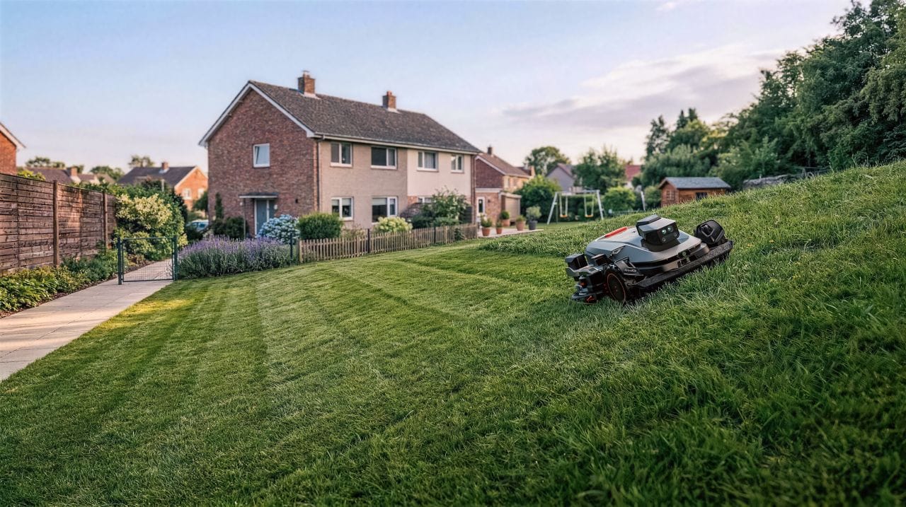 Sunseeker Elite X8 Plus robotic mower on a sloped residential lawn, with freshly cut stripes below and houses in the background.