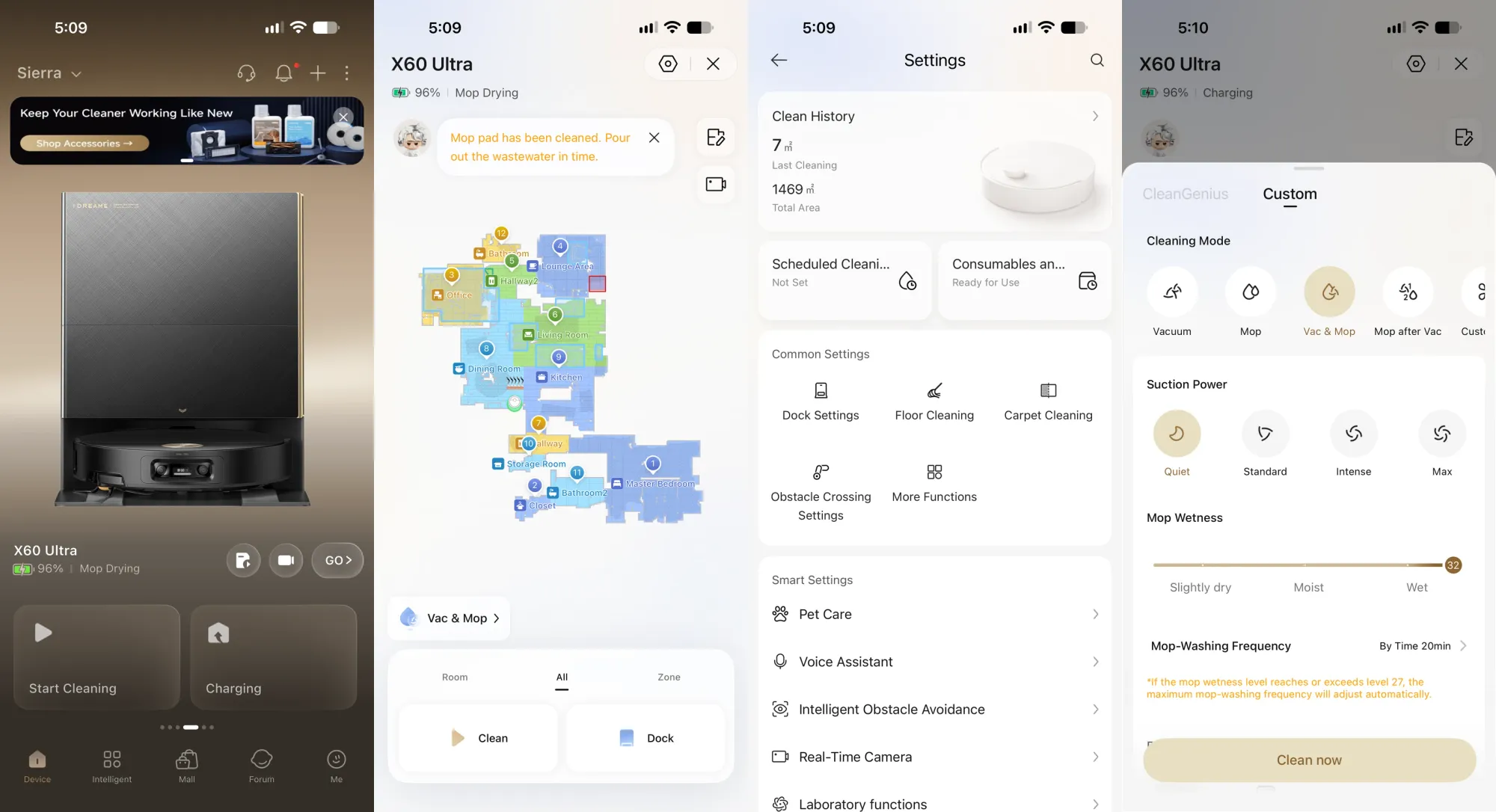 Four Dreame app screenshots showing the X60 Ultra overview, labeled room map, settings menu, and suction and mop-wetness controls.