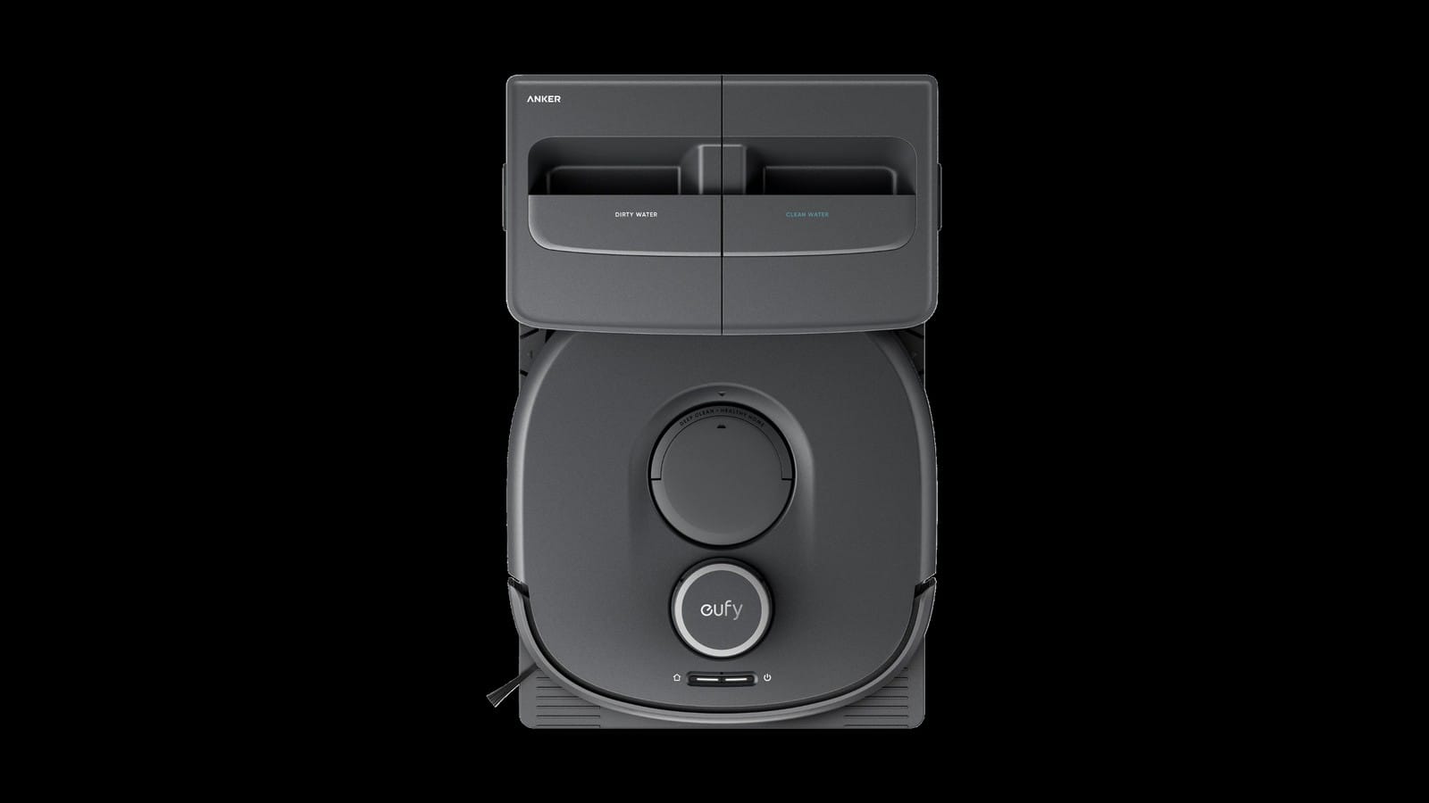 Top view of the Eufy Omni C30 robot vacuum docked at its all-in-one cleaning station.