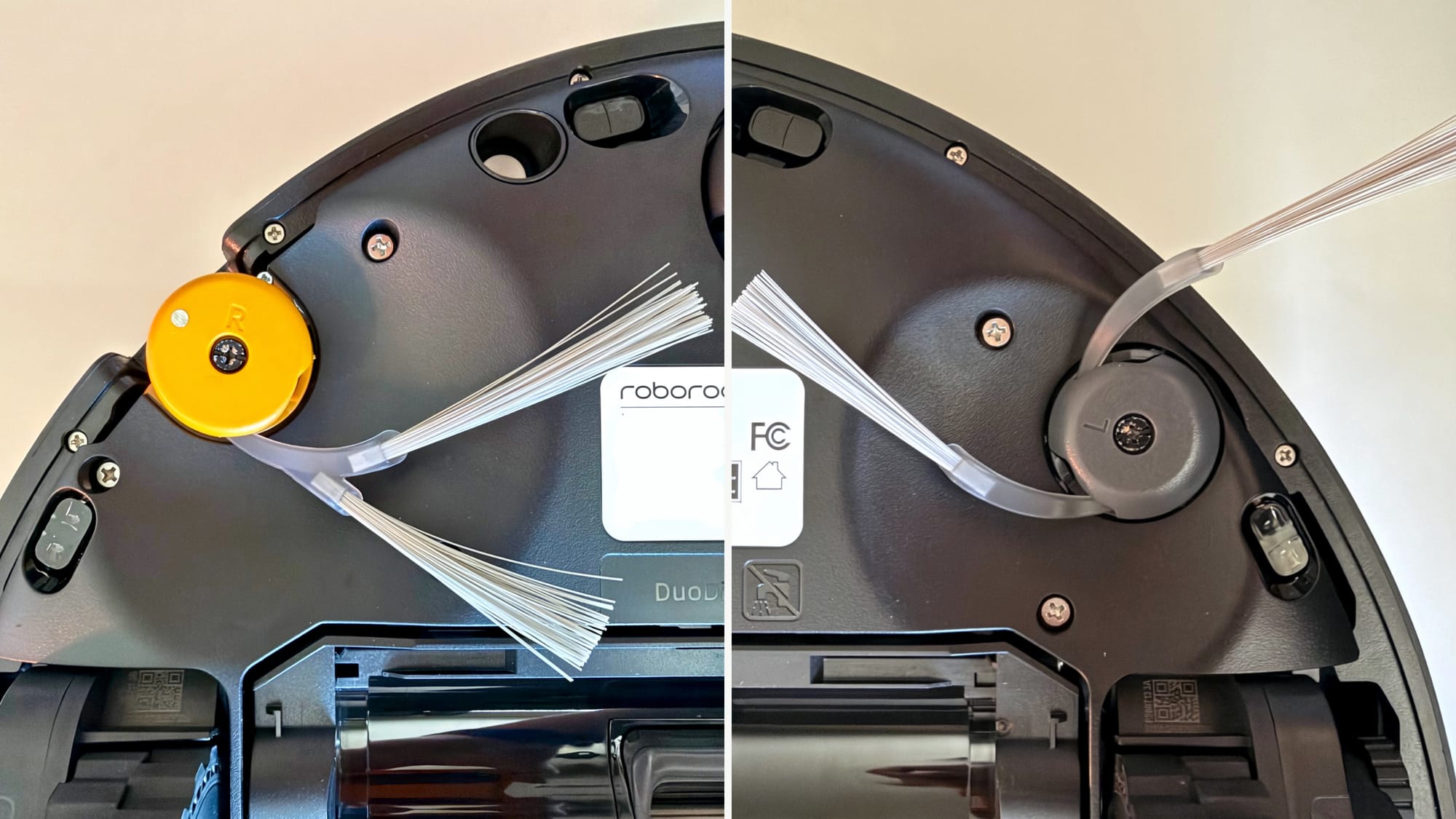 Side-by-side close-up of the underside of the Roborock Saros 20 Flow, showing its yellow right side brush and gray left side brush, each with two sets of bristles.