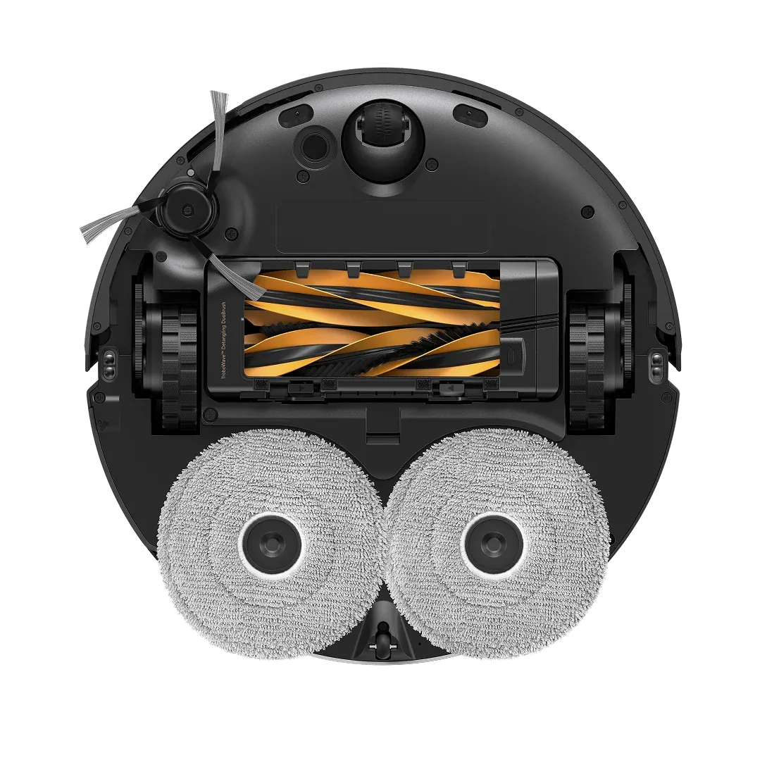 Bottom view of the Dreame MOVA V70 Ultra Pure robot vacuum showing an orange-and-black main brush, side brush and two circular gray mop pads.