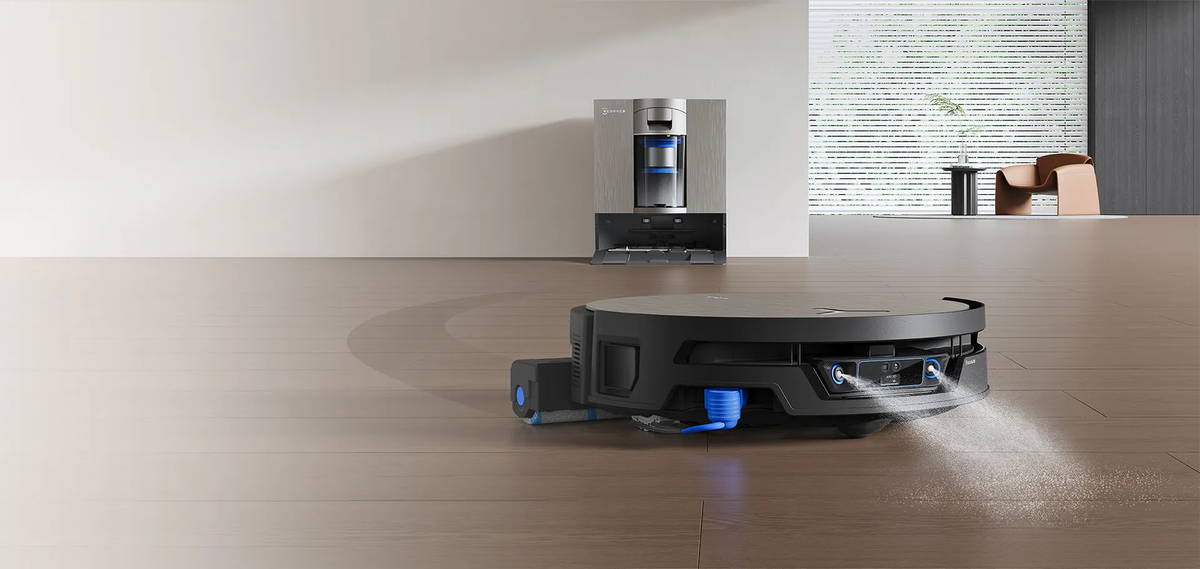 Ecovacs Deebot X12S OmniCyclone robot vacuum and bagless self-emptying base station.