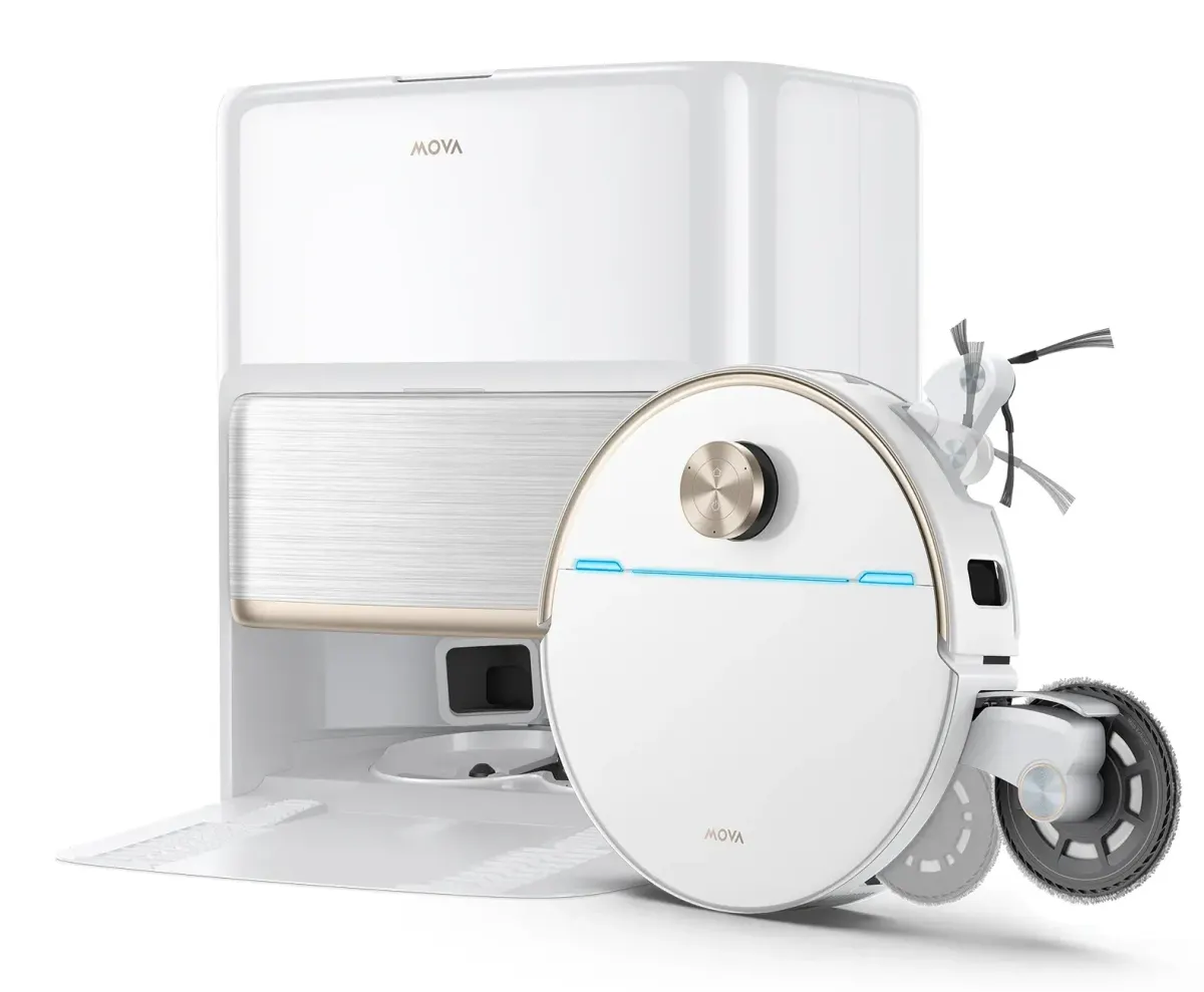 MOVA V70 Ultra Roller Complete robot vacuum in front of its white self-cleaning dock, with its extendable side brush and mop system visible.