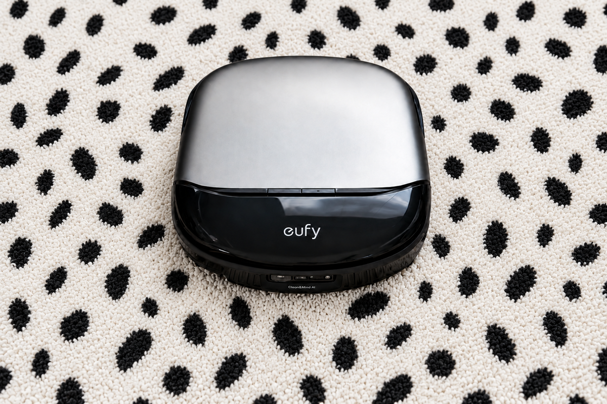Eufy Omni S2 robot vacuum on beige carpet, viewed from the front with its silver top and black front panel visible.