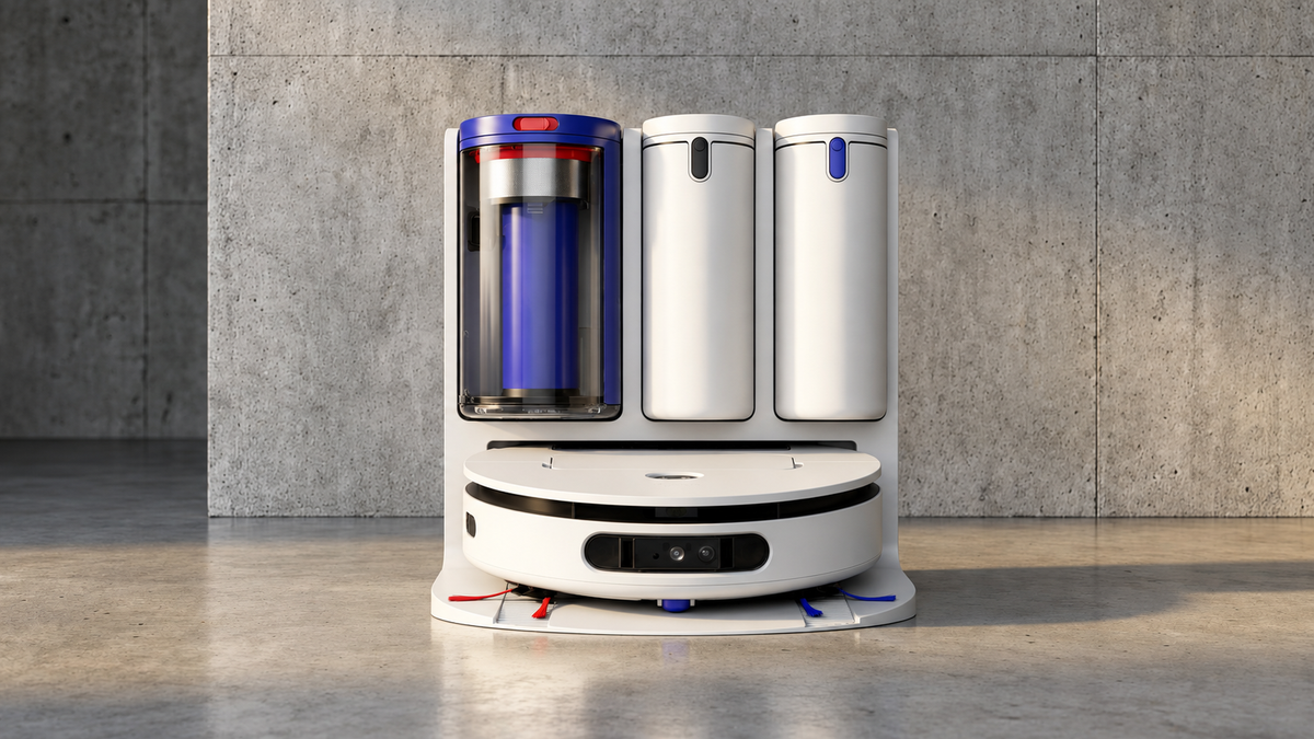 White robot vacuum docked in a multifunction cleaning station with dust and water tanks.