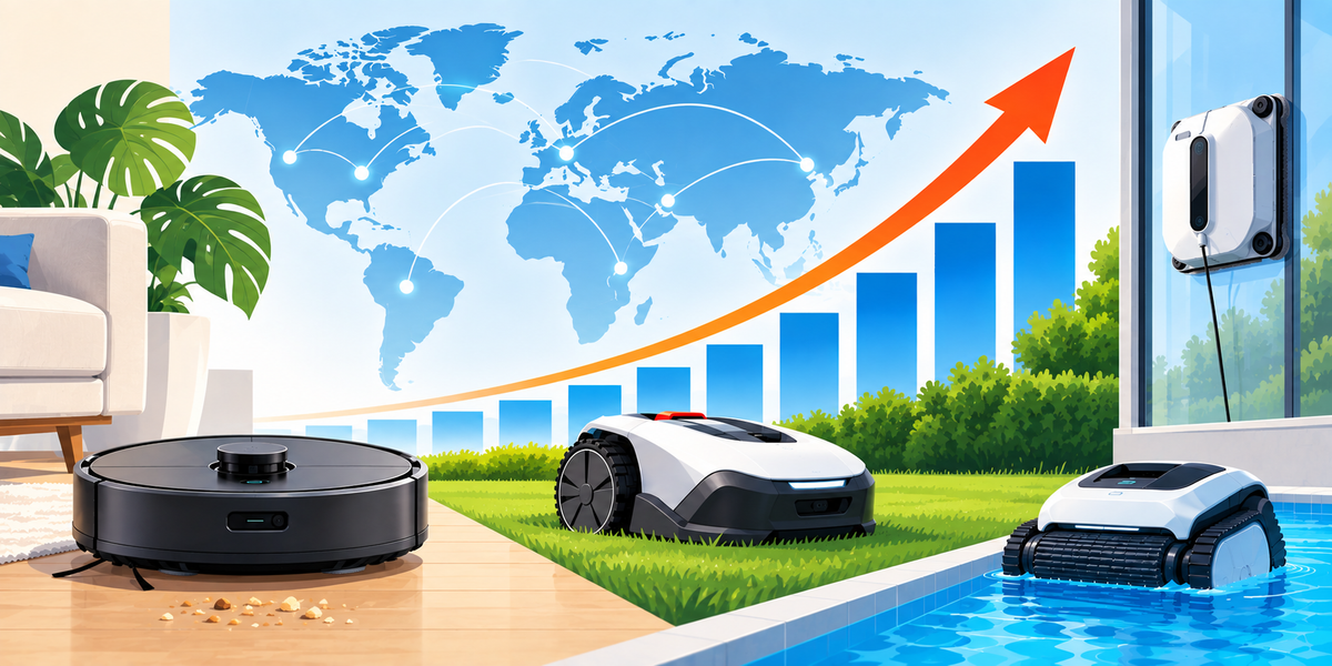 Illustration of a robot vacuum, robotic lawn mower, pool cleaner and window-cleaning robot in front of a world map and rising growth chart.