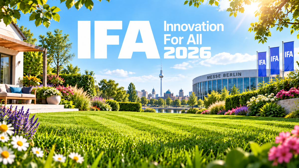 IFA 2026 robot mower roundup graphic showing Messe Berlin surrounded by lawns, flowers and landscaping.