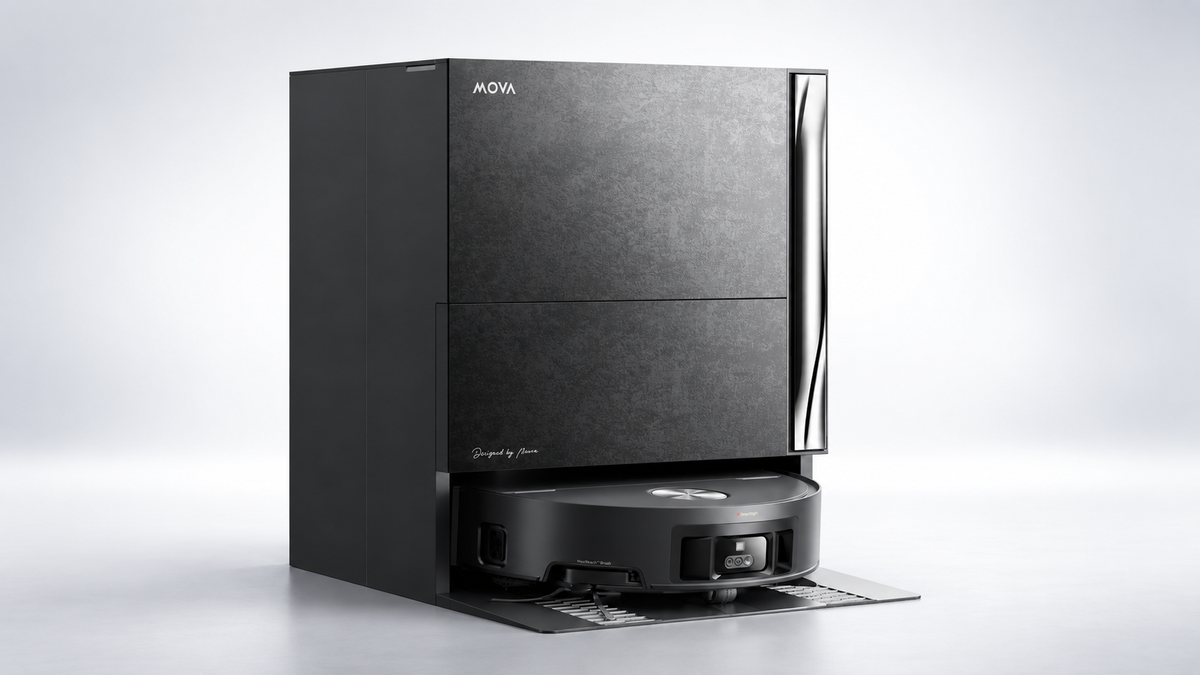 MOVA Z70 Ultra Roller Complete robot vacuum docked in its redesigned black base station.
